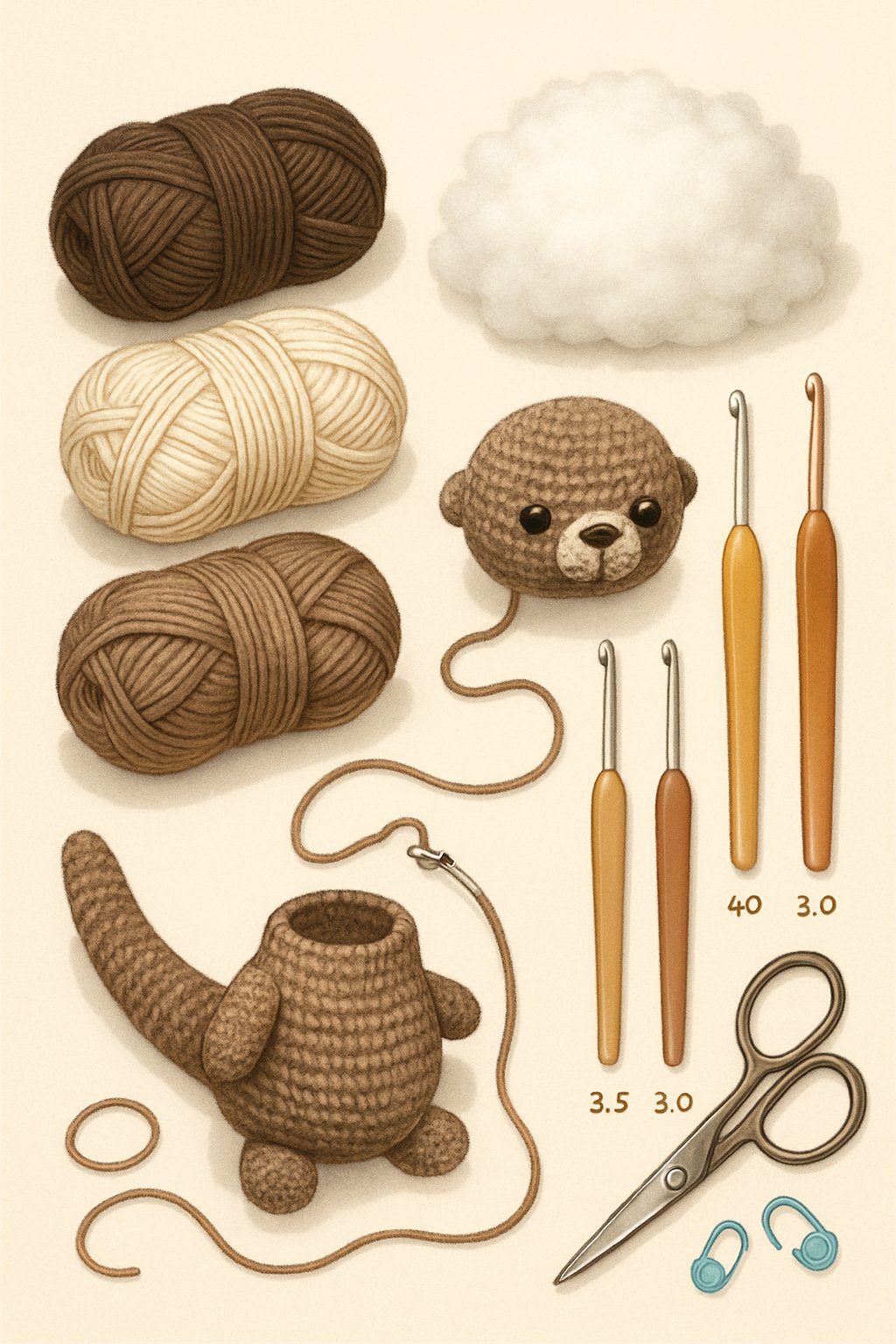 A collection of crochet tools and yarn arranged around a partially made otter amigurumi figure.