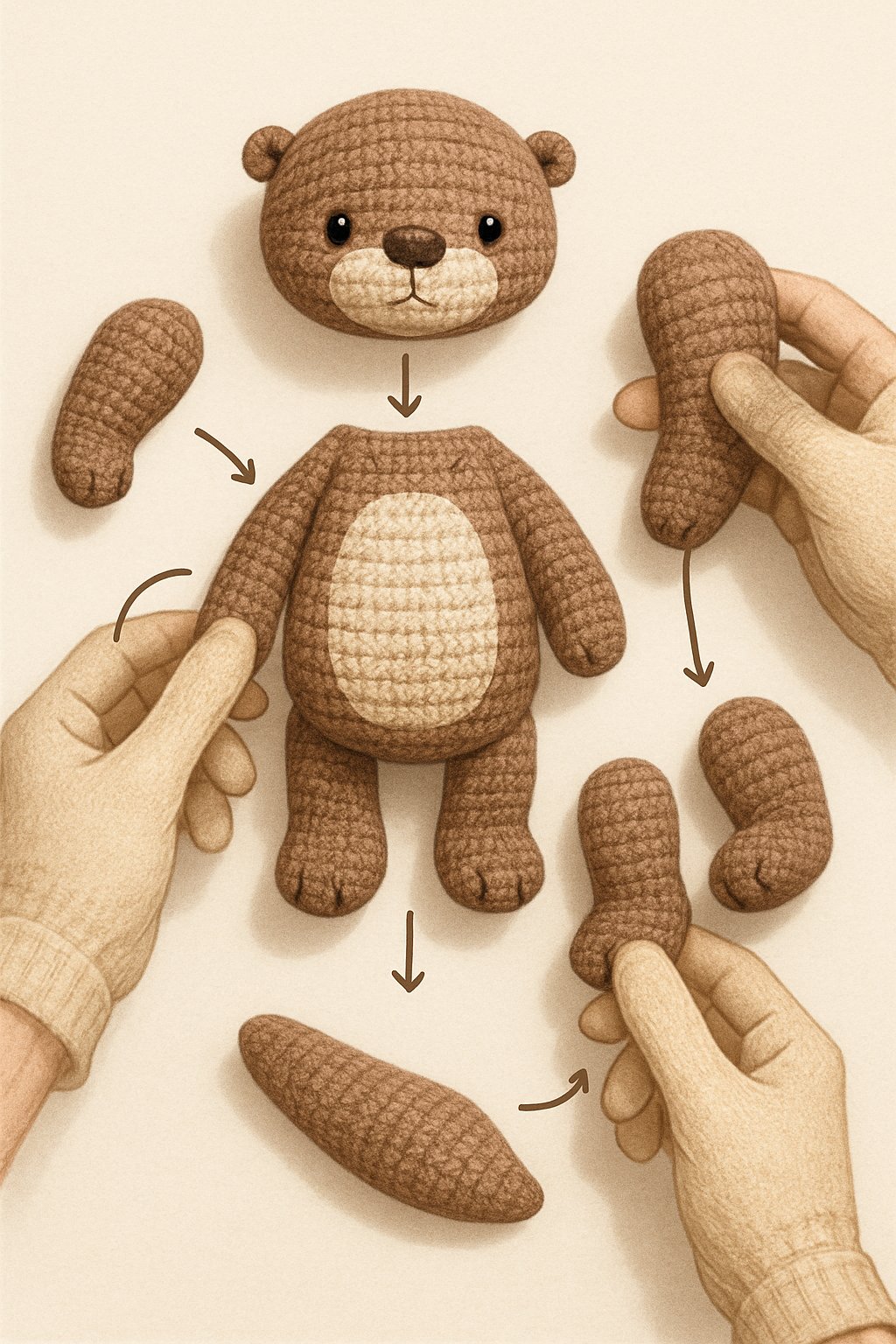 Illustration showing parts of a crocheted otter arranged for assembly with arrows indicating how to put them together.