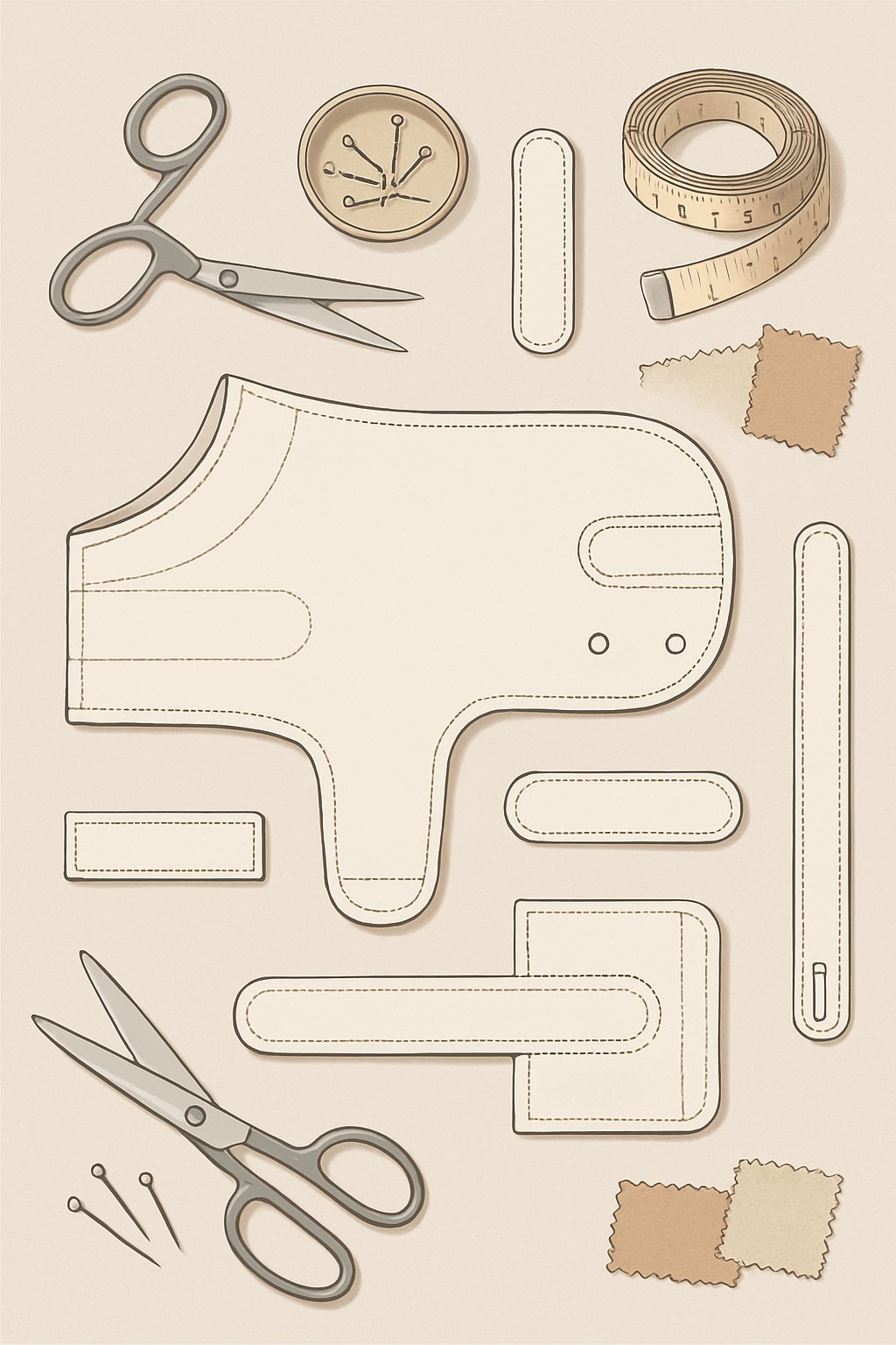 Illustration of a simple dog coat sewing pattern with pattern pieces and sewing tools arranged on a table.