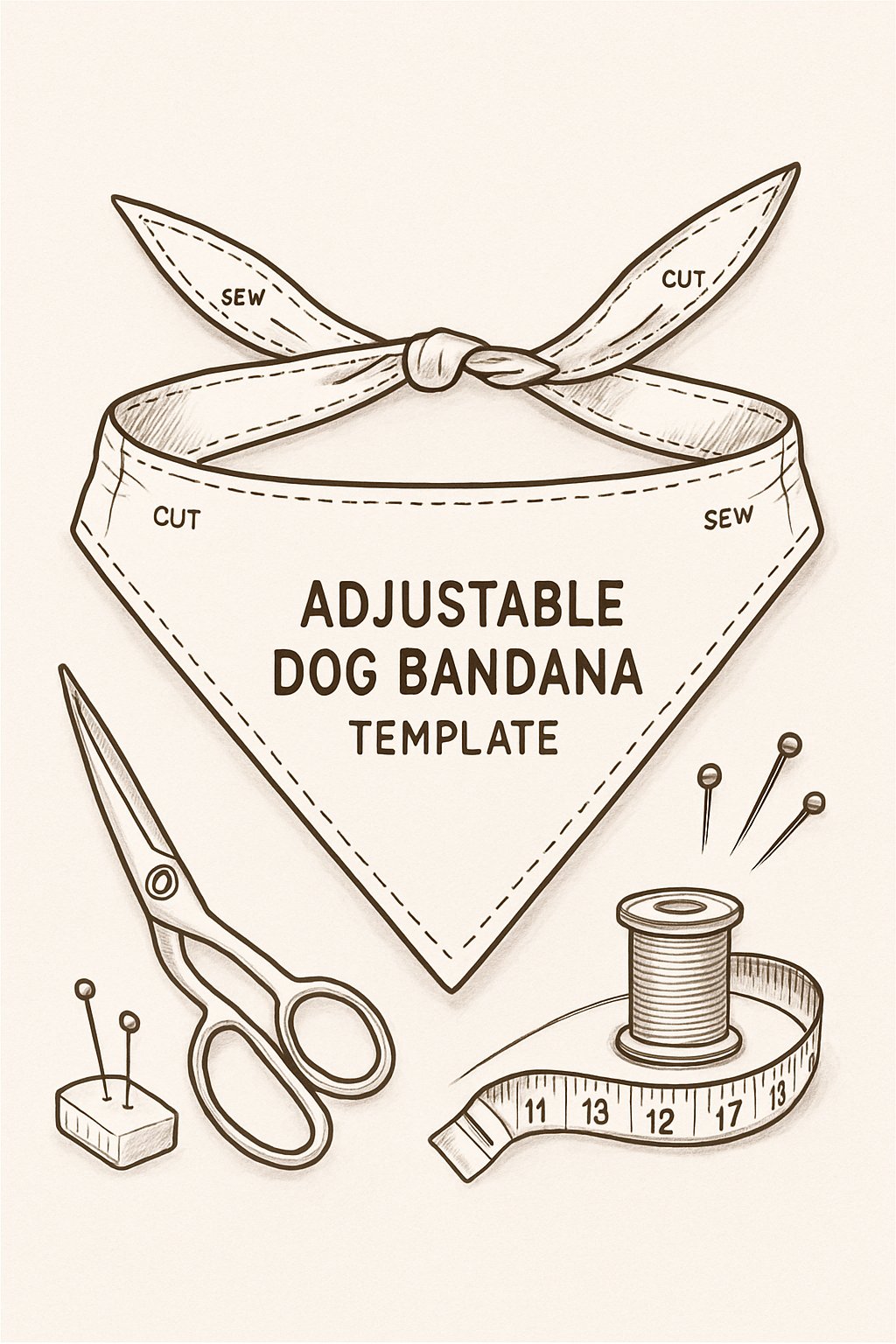 A flat layout of a dog bandana sewing pattern with adjustable straps, surrounded by sewing tools like scissors, thread, pins, and measuring tape.