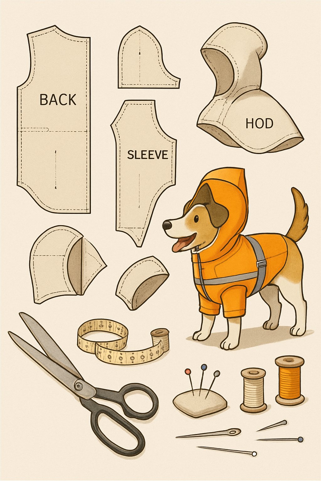 A dog wearing a raincoat stands next to a detailed sewing pattern and sewing tools arranged on a table.