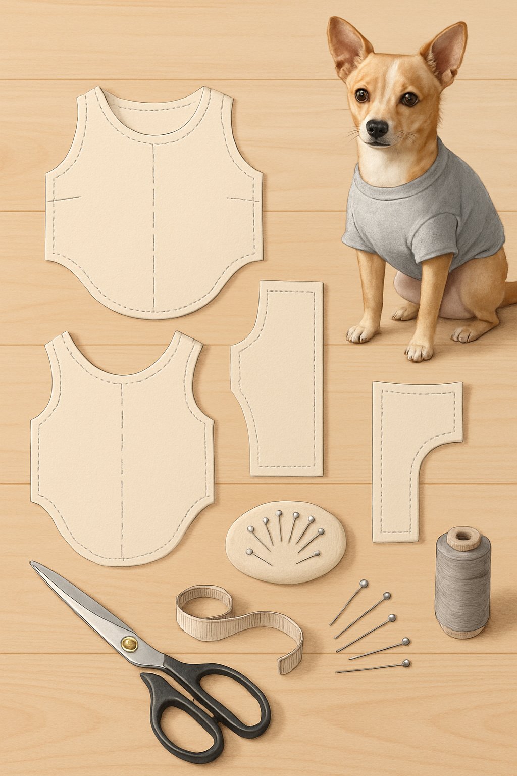 A small dog wearing a simple shirt sits next to fabric pieces and sewing tools arranged on a table.