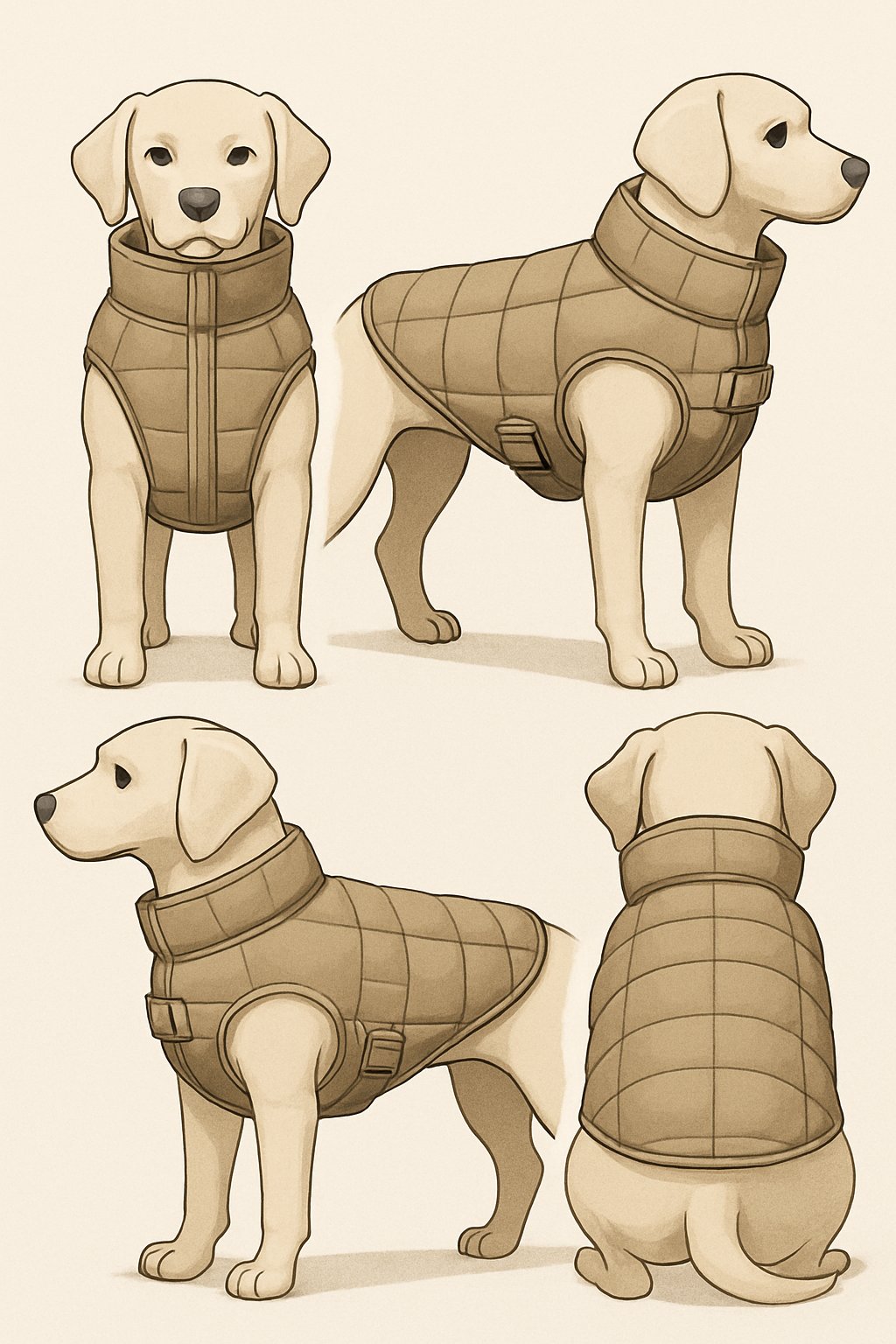 A medium-sized dog mannequin wearing a padded winter jacket shown from multiple angles.