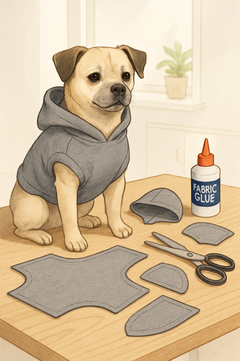 A small dog wearing a cozy hoodie surrounded by fabric pieces and crafting tools on a table.