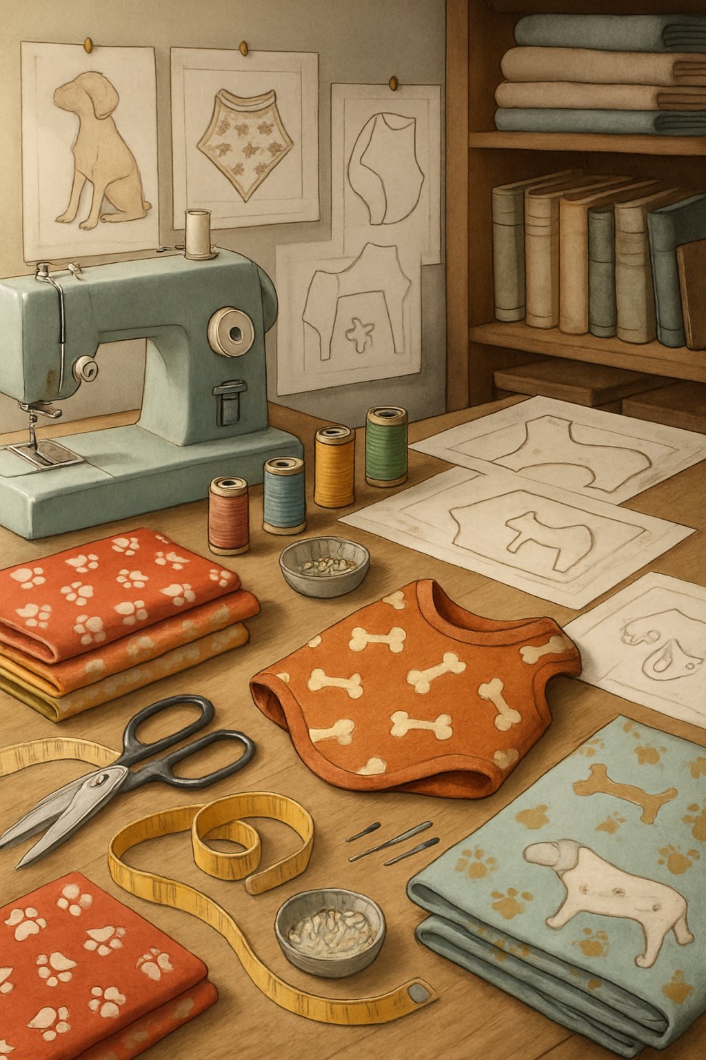 A sewing workspace with fabrics, sewing tools, and a partially completed dog garment on a wooden table.