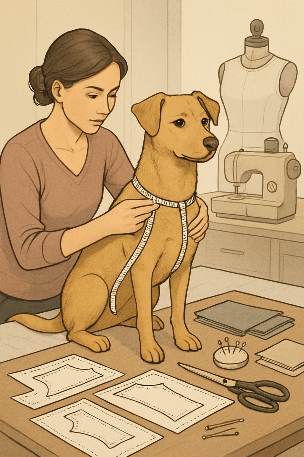 A person measuring a dog with sewing patterns and fabric on a table in a sewing workspace.