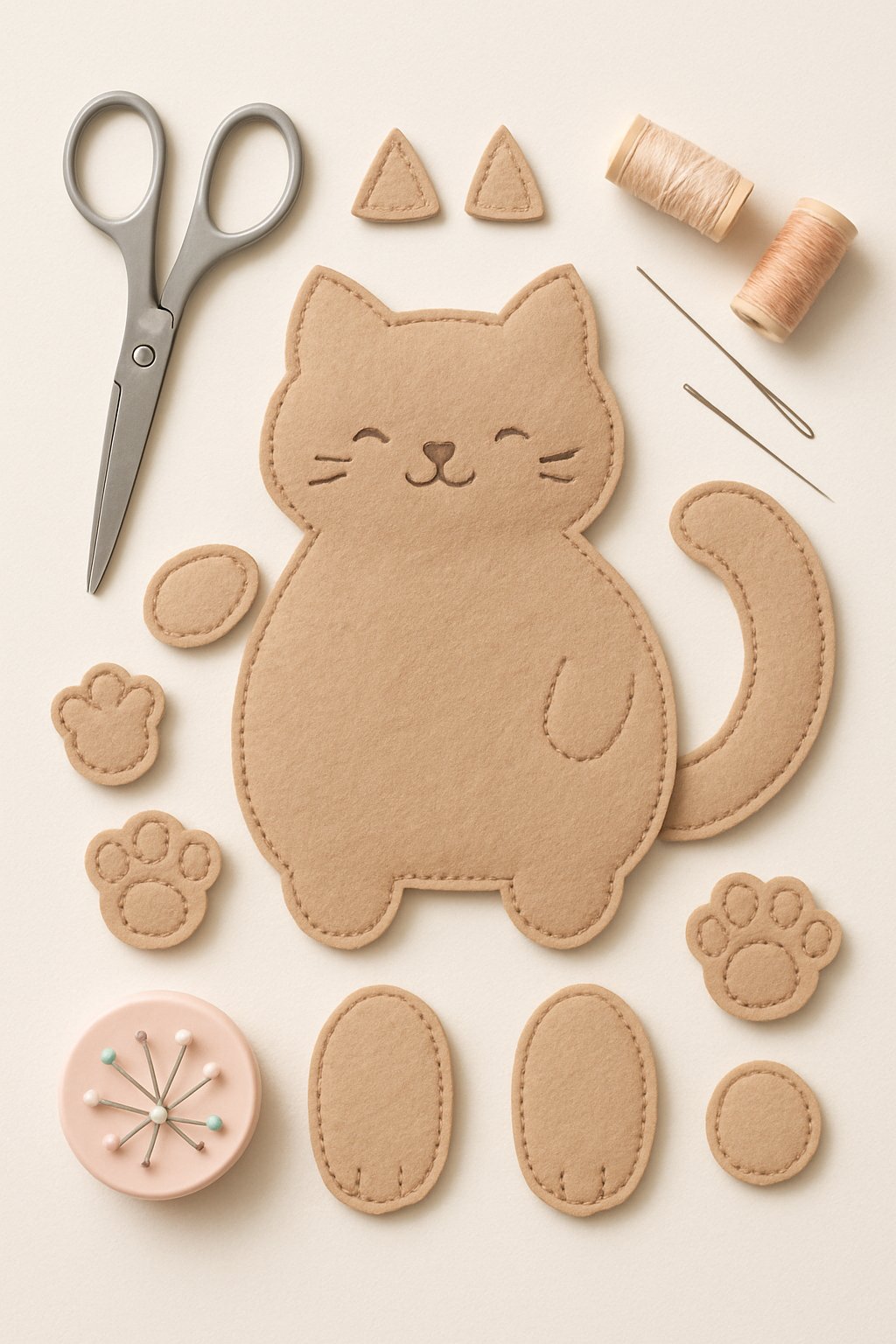 A layout of fabric pieces and sewing tools for making a stuffed cat plush toy.