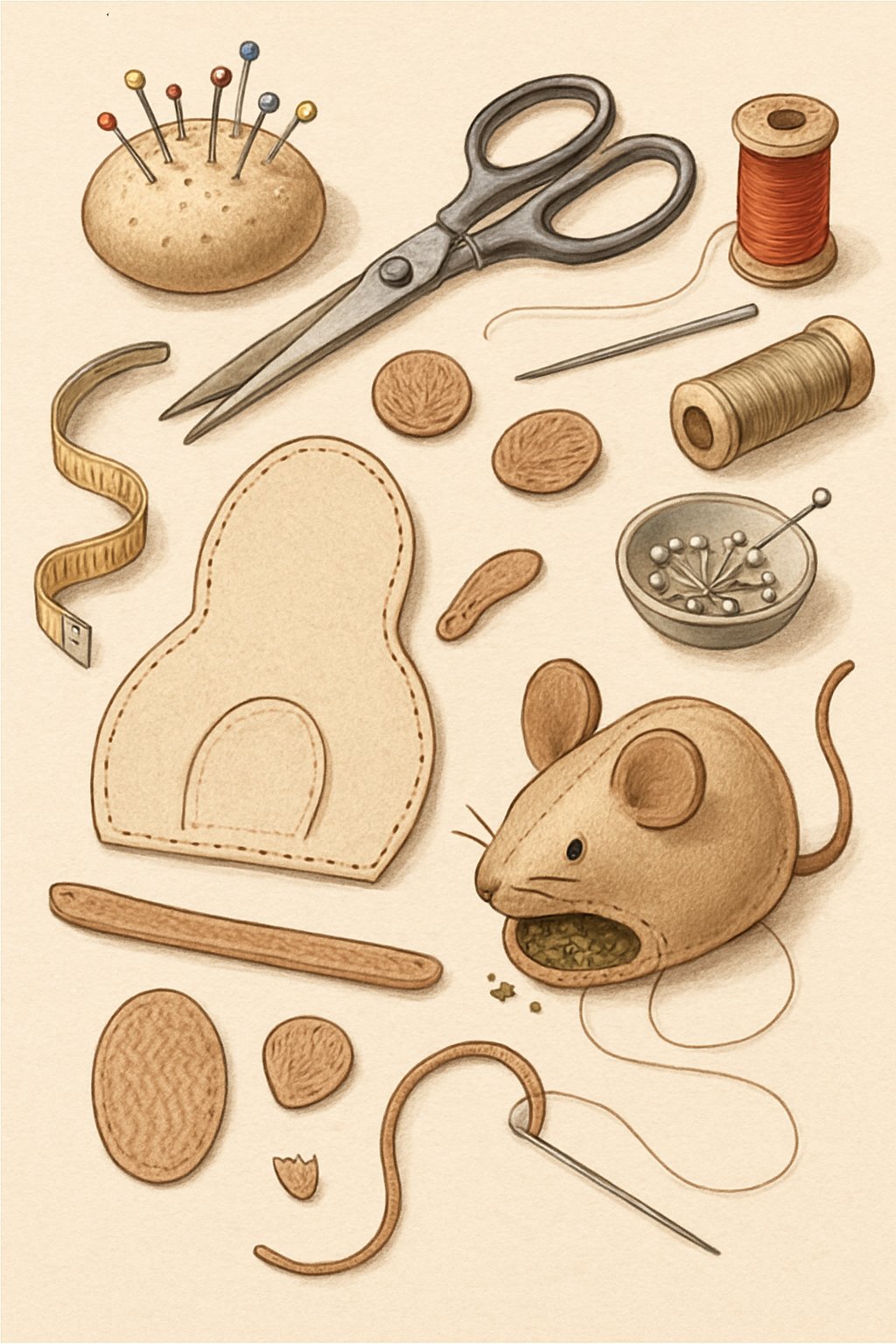 A sewing workspace showing fabric pieces and tools arranged to make a catnip mouse toy.