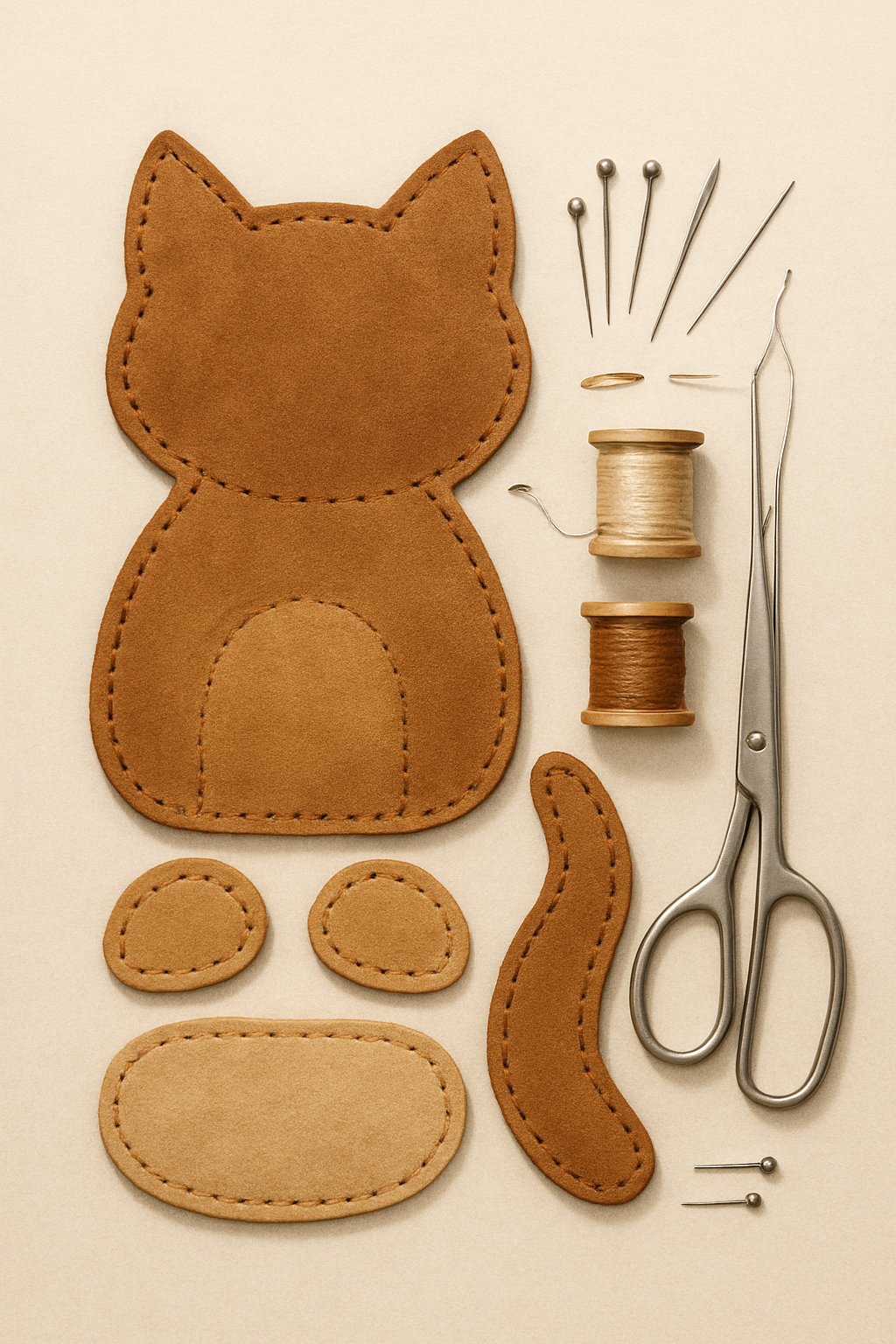 A detailed layout of suede leather pieces and sewing tools arranged for making a cat toy.