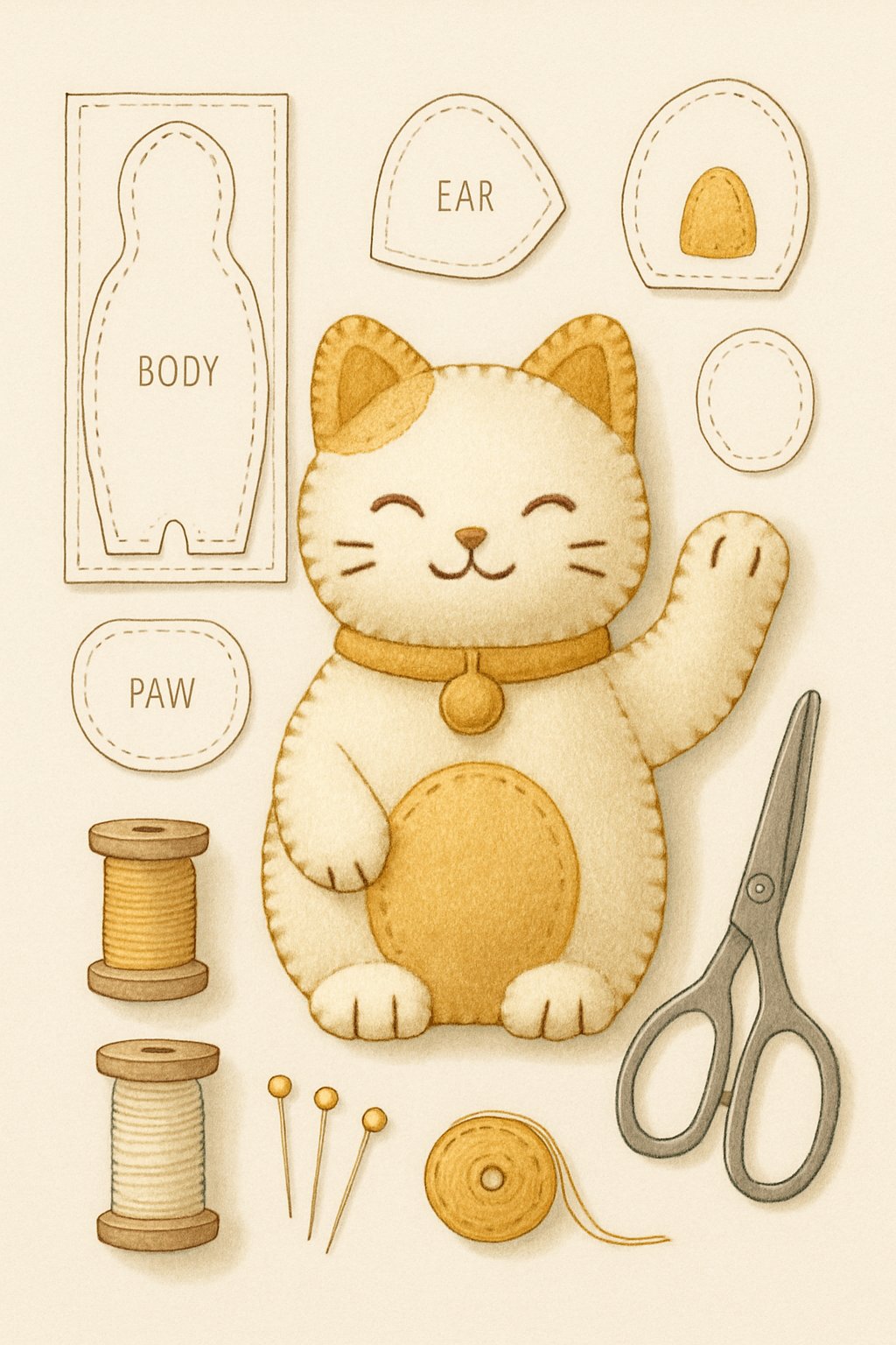 A felt cat toy with a raised paw surrounded by sewing pattern pieces and sewing tools.