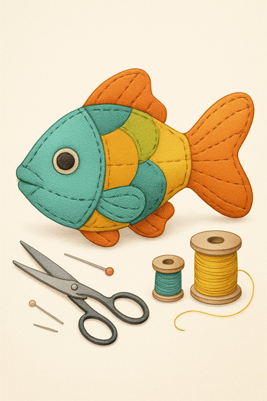 A colorful cotton fish-shaped cat toy with visible stitching lines and sewing tools nearby on a neutral background.
