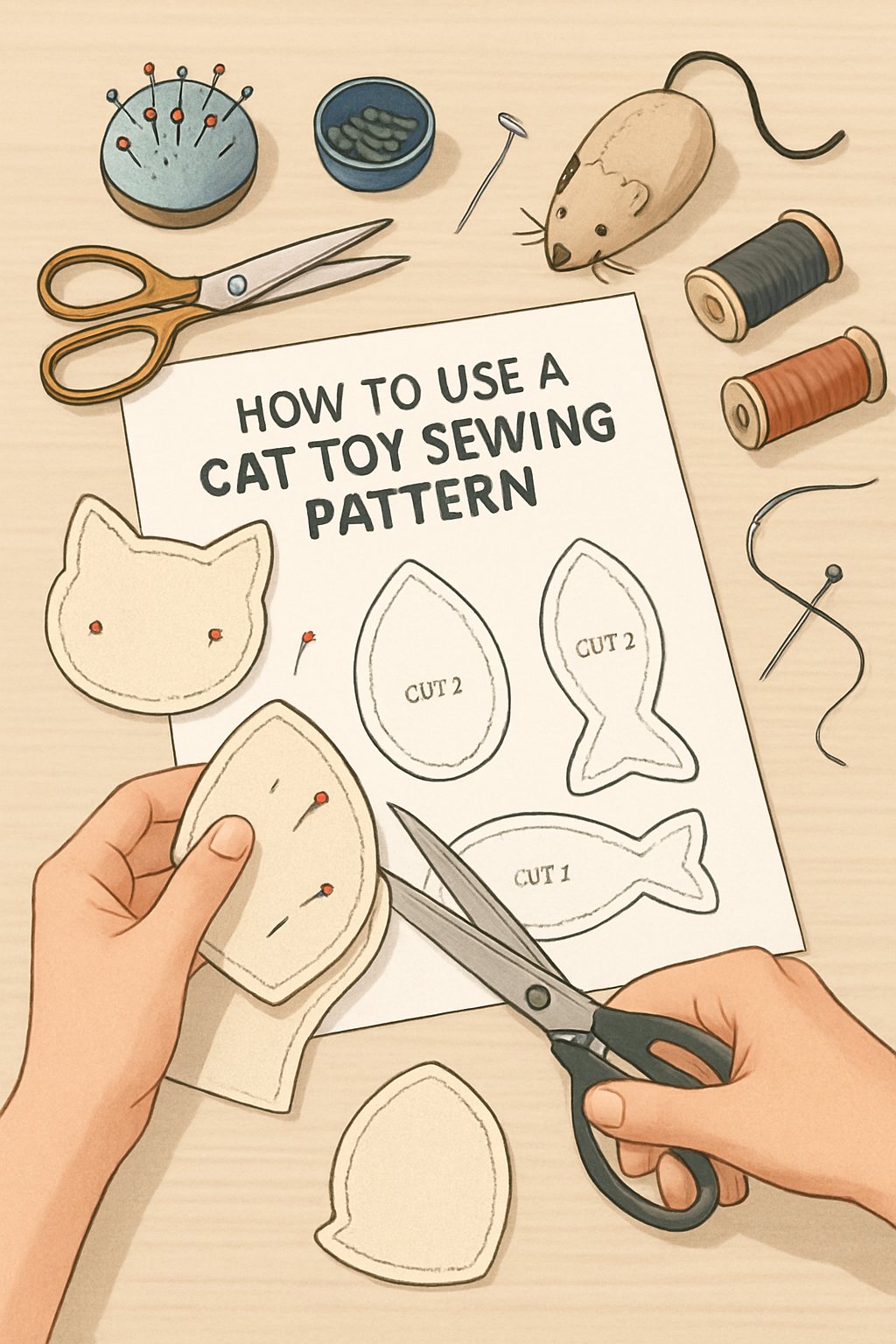 Hands cutting fabric and pinning pieces together on a sewing pattern to make a cat toy, with sewing tools and a partially sewn toy on a clean workspace.