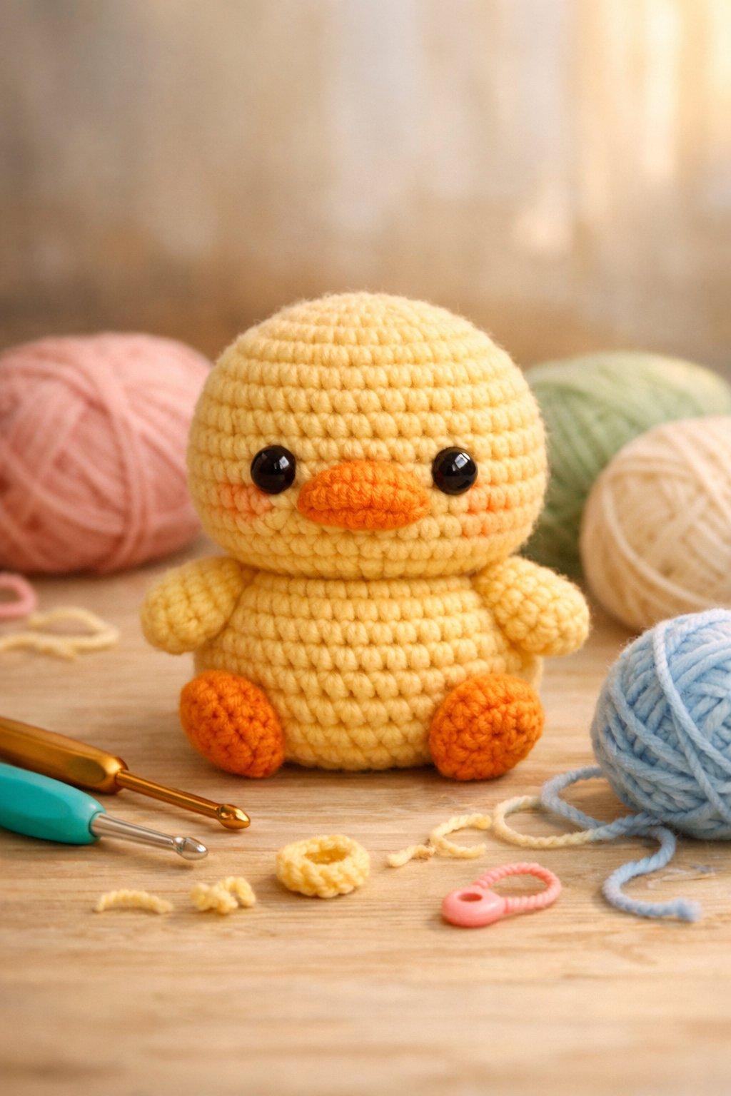 A small crocheted yellow duck sitting on a wooden surface with crochet hooks and yarn around it.
