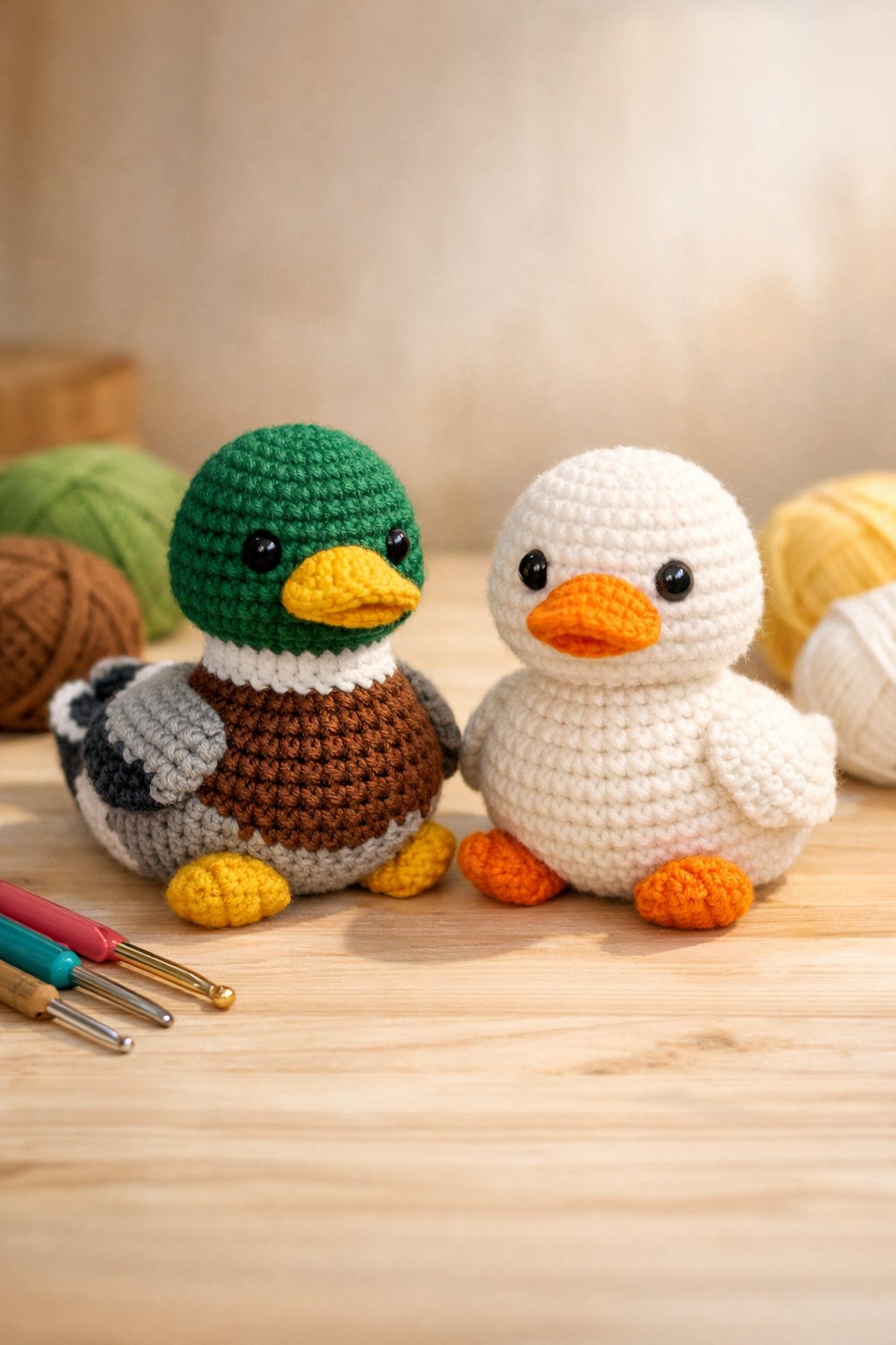 Two handcrafted amigurumi ducks, one mallard and one pekin, sitting side by side on a wooden surface with crochet tools and yarn nearby.