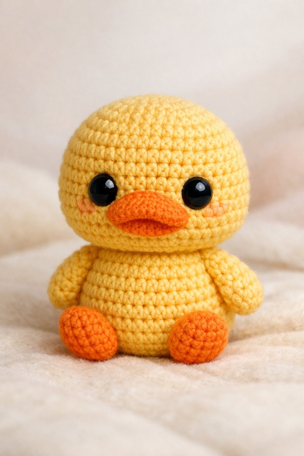 A small yellow crocheted duck with black eyes and an orange beak sitting on a soft surface.
