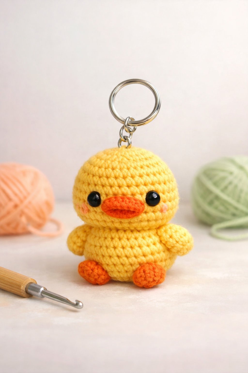 A small crocheted yellow duck attached to a keychain ring, placed next to a crochet hook and balls of yarn.
