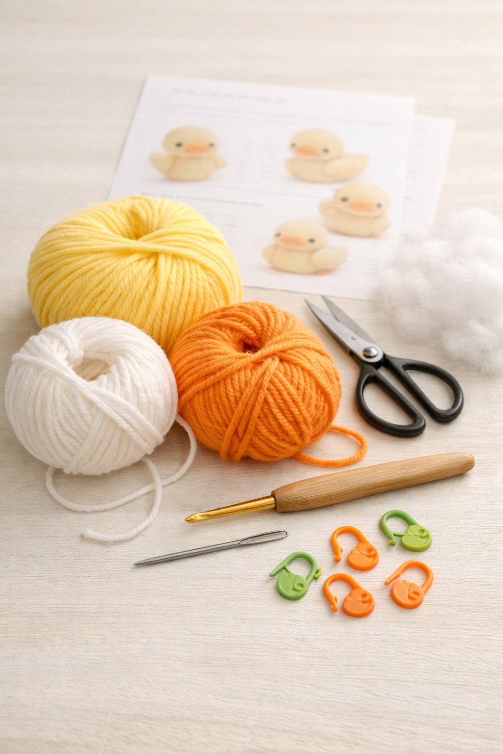 A workspace with yarn, crochet hook, scissors, needle, stitch markers, and a pattern sheet arranged for making an amigurumi duck.