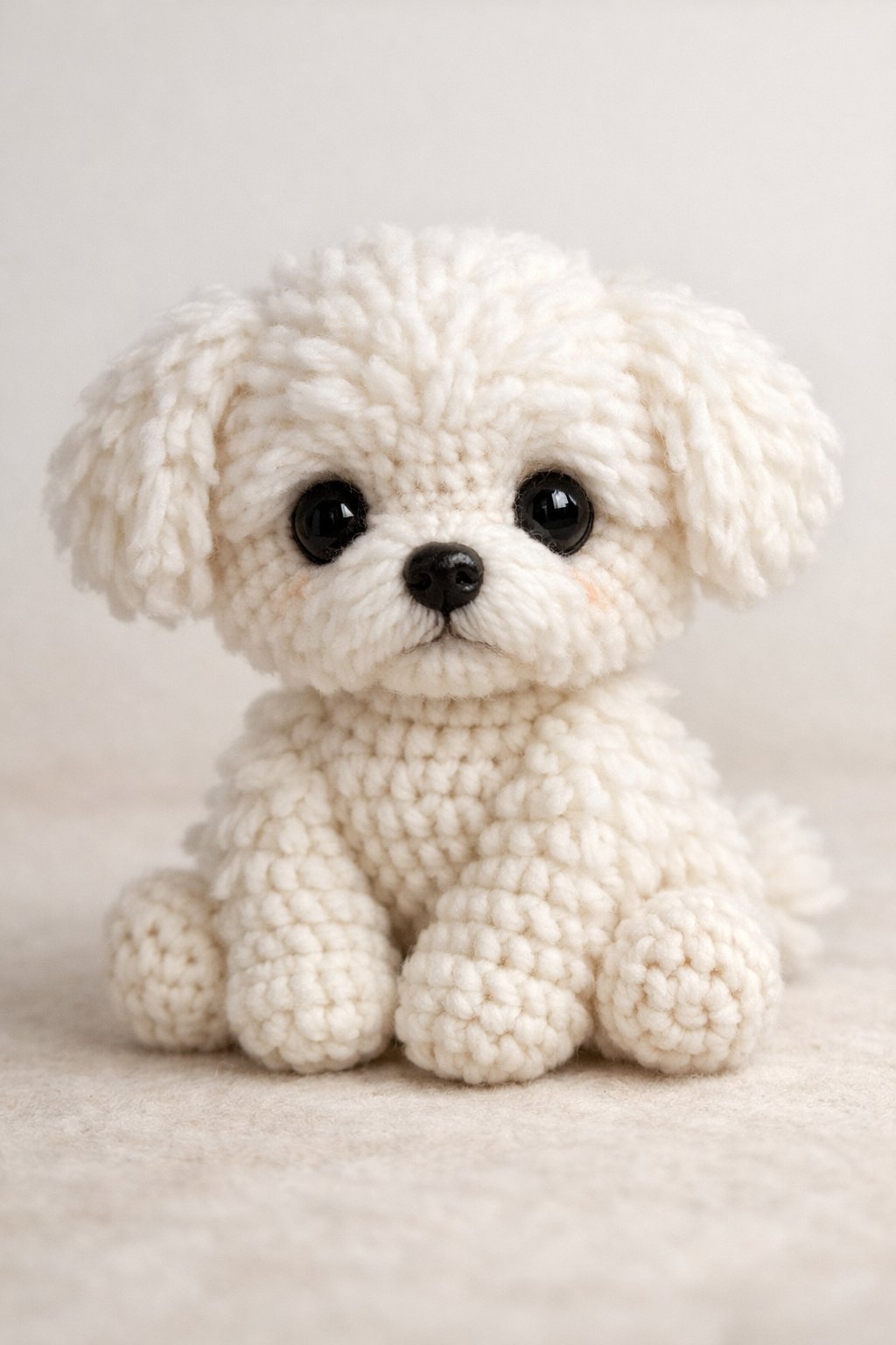 A small white crocheted Maltese puppy sitting upright with dark eyes and floppy ears.