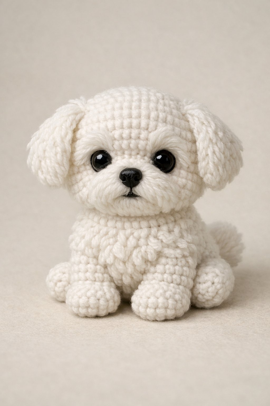 A small white crochet Maltese puppy sitting upright with dark eyes and floppy ears.