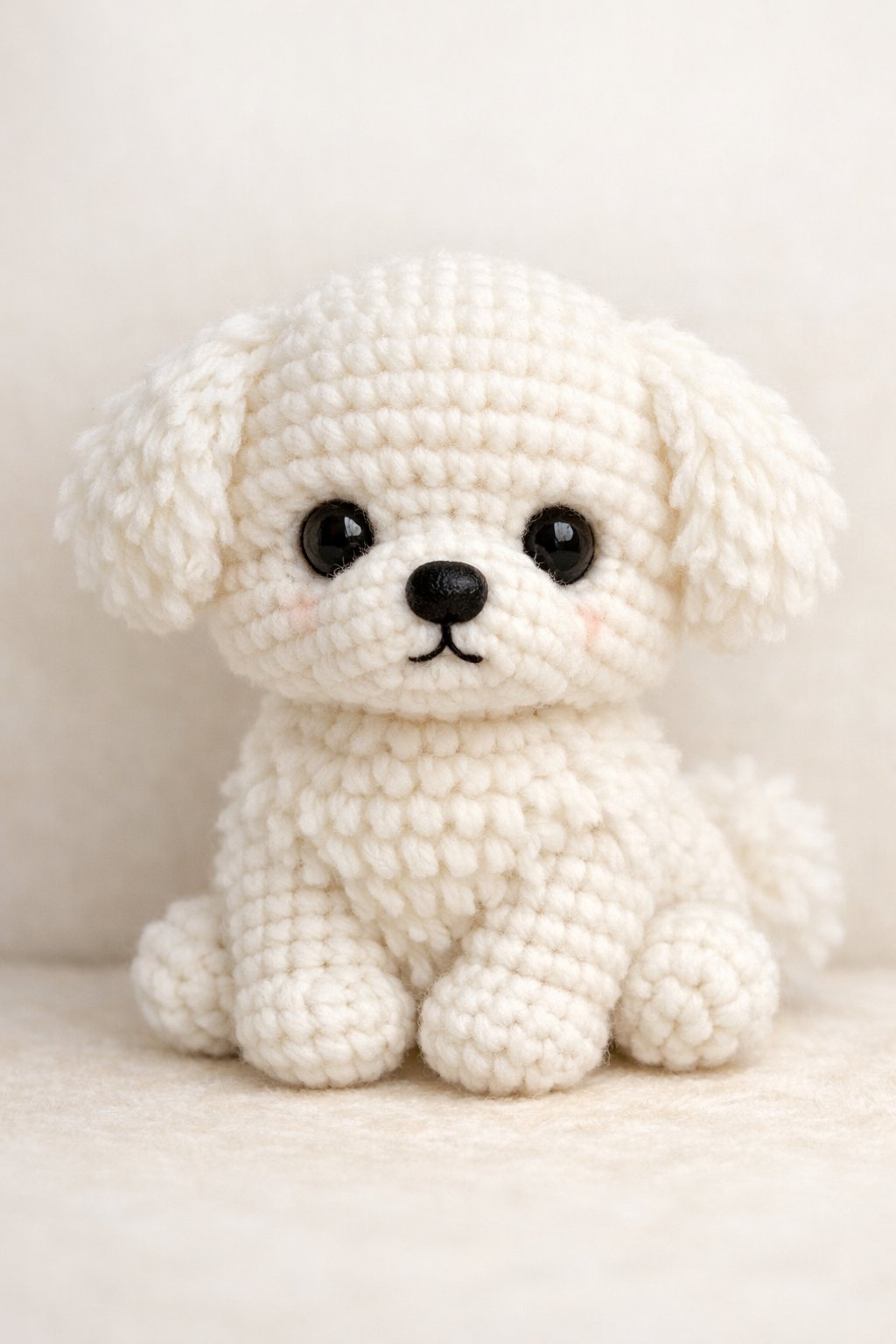 A small crocheted Maltese puppy amigurumi sitting upright with white yarn and black eyes.