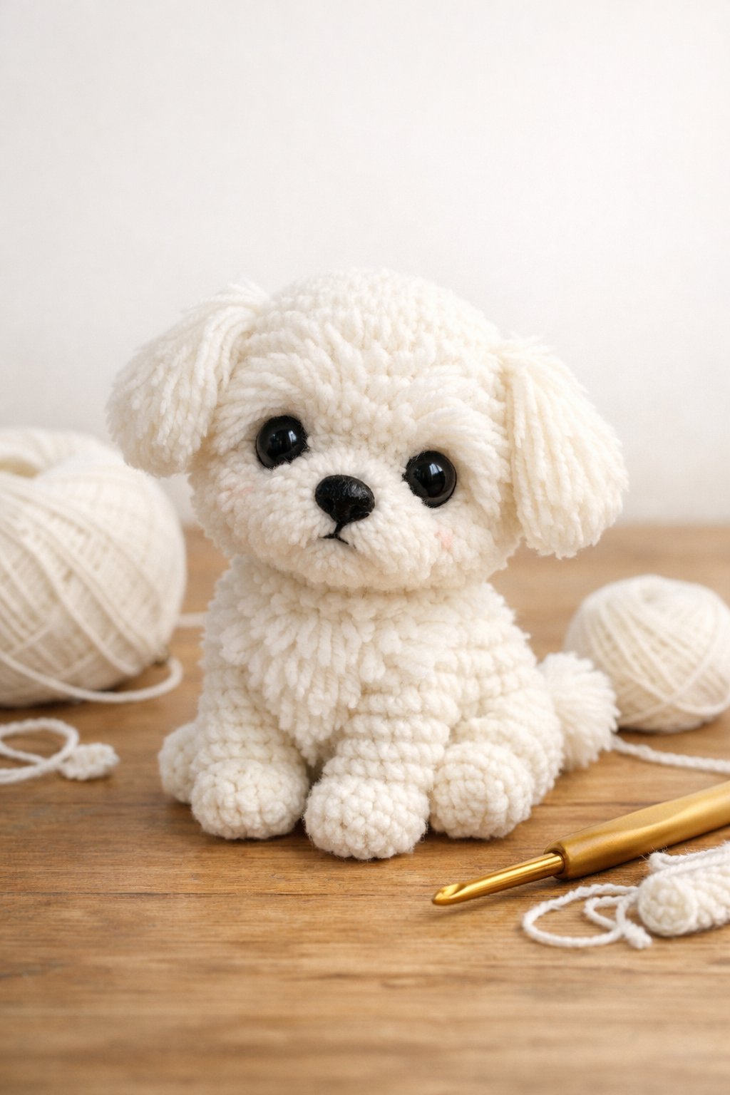 A small white crochet Maltese puppy sitting on a wooden table with crochet tools nearby.