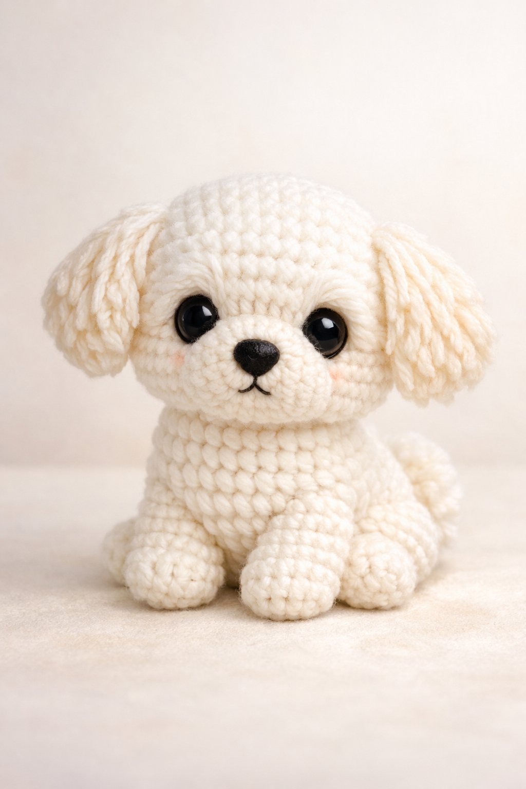 A small crochet puppy toy resembling a Maltese and Maltipoo dog sitting on a plain surface.