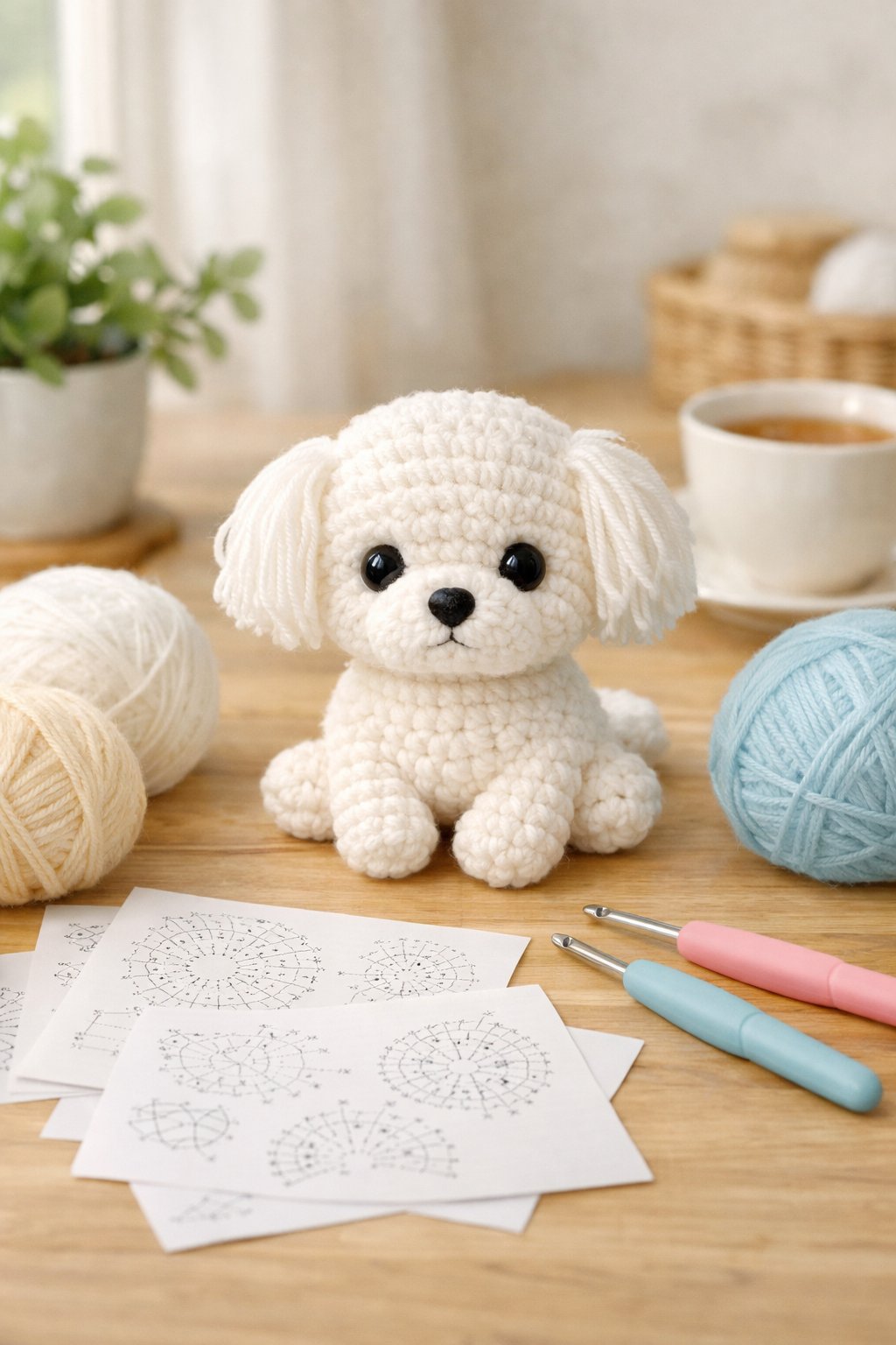 A small white crochet Maltese puppy sitting on a table surrounded by yarn, crochet hooks, and pattern sheets in a bright crafting workspace.