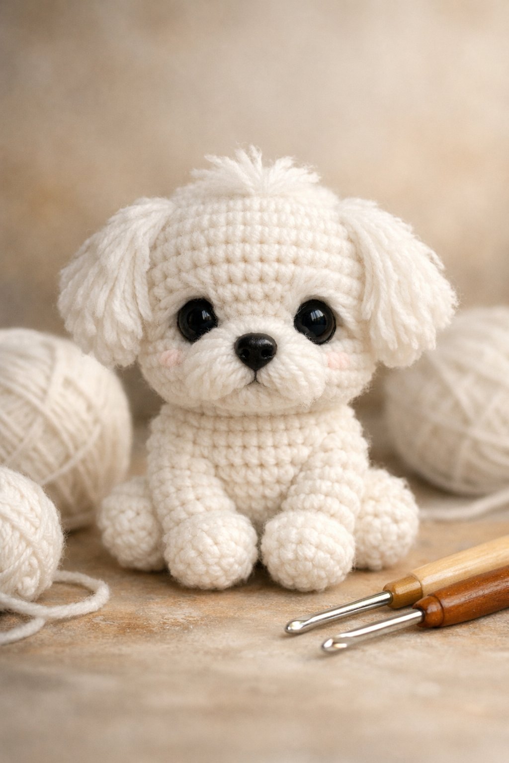 A small white crochet Maltese puppy sitting upright with black eyes and nose, surrounded by crochet hooks and yarn.