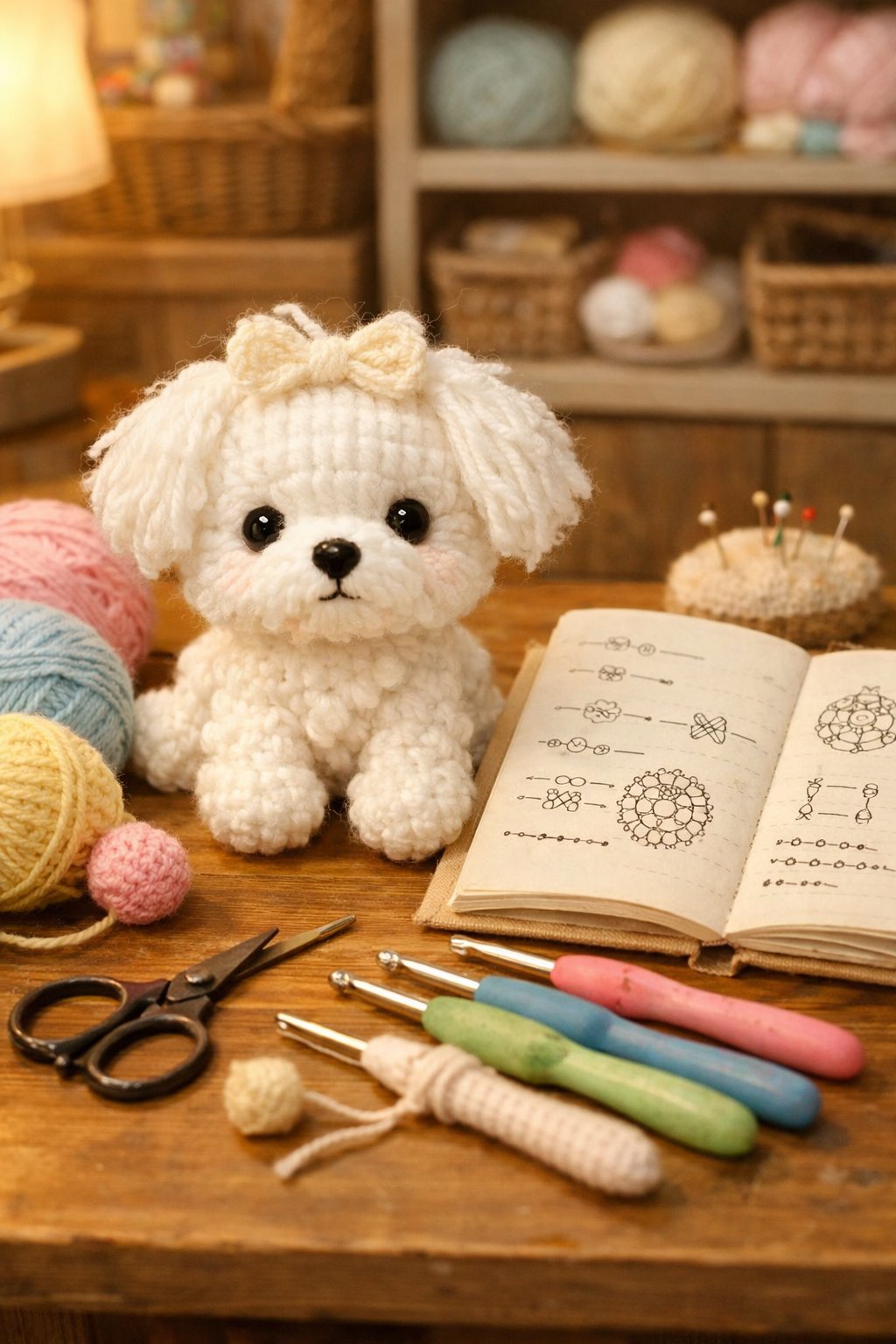 A small white Maltese puppy crochet toy on a wooden table with yarn balls, crochet hooks, scissors, and an open notebook with crochet notes in a cozy craft room.