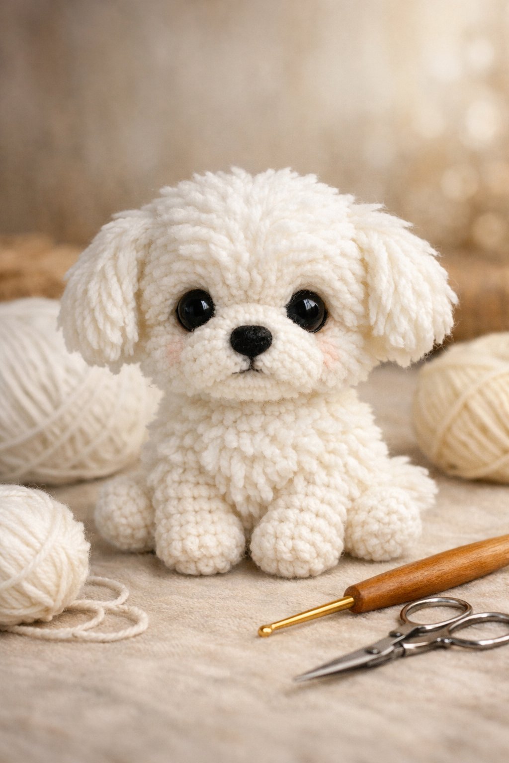 A crocheted Maltese puppy amigurumi sitting on a soft surface with crochet tools and yarn nearby.