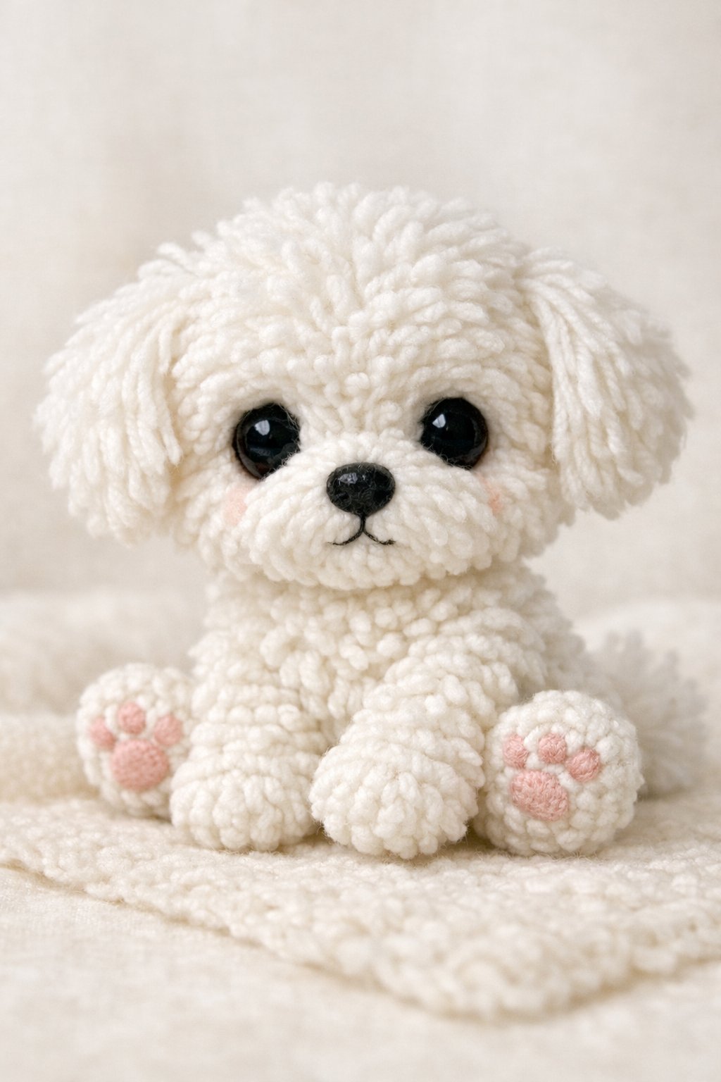 A small white Maltese puppy crocheted toy sitting with large eyes and floppy ears.