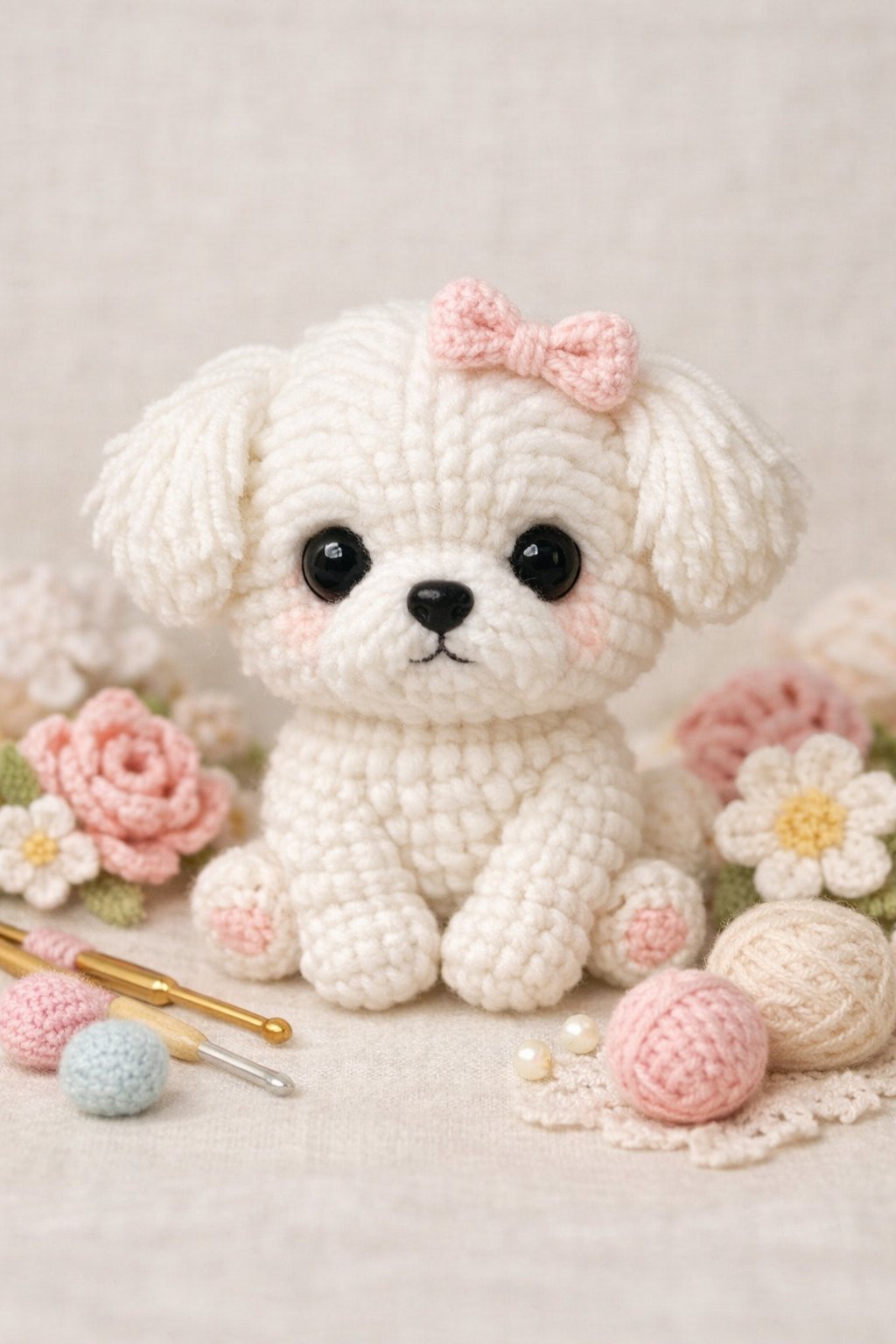 A small white crochet Maltese puppy sitting with decorative crochet flowers and yarn balls around it.