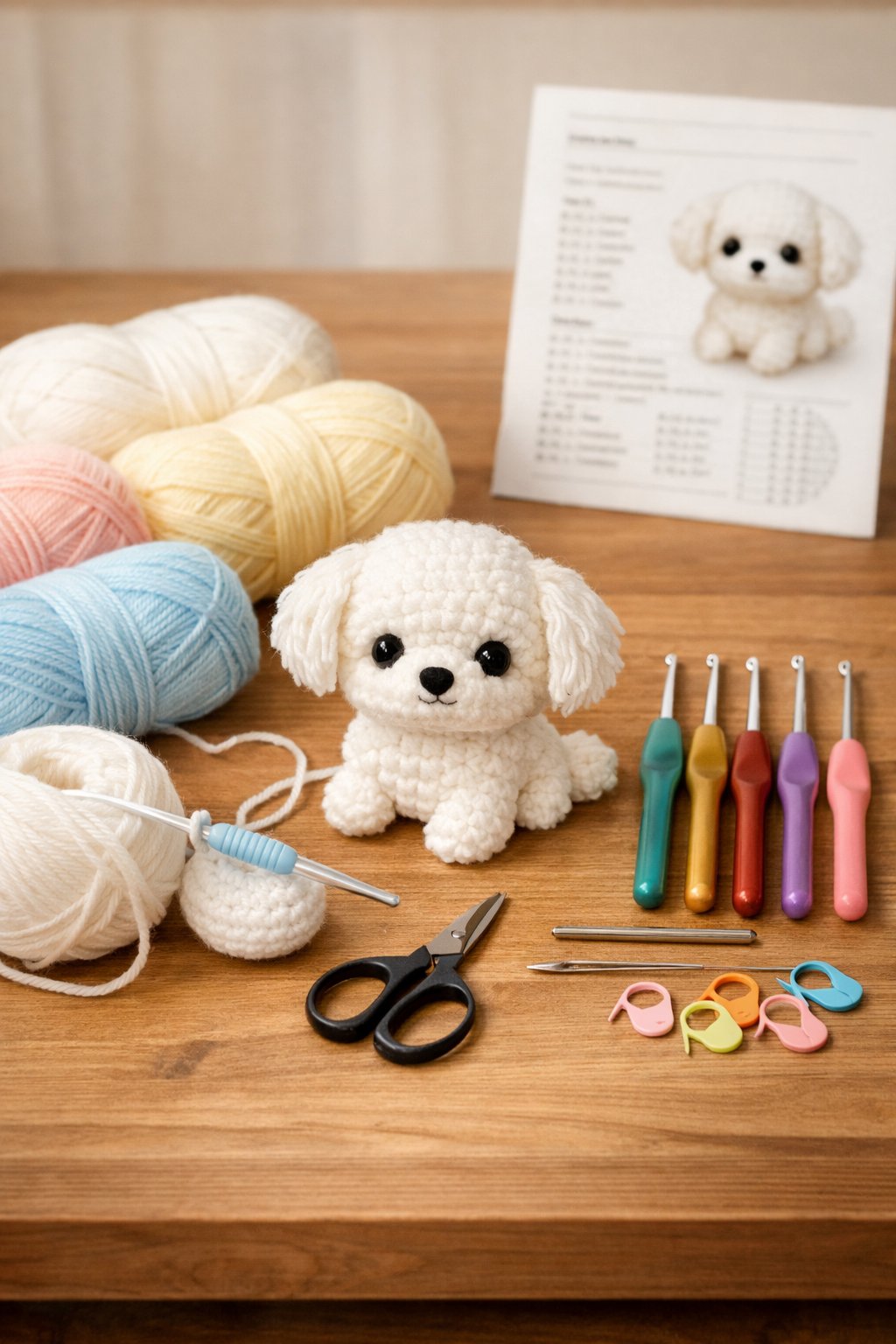 A collection of crochet materials including yarn, hooks, scissors, and a partially made Maltese puppy amigurumi on a wooden table.