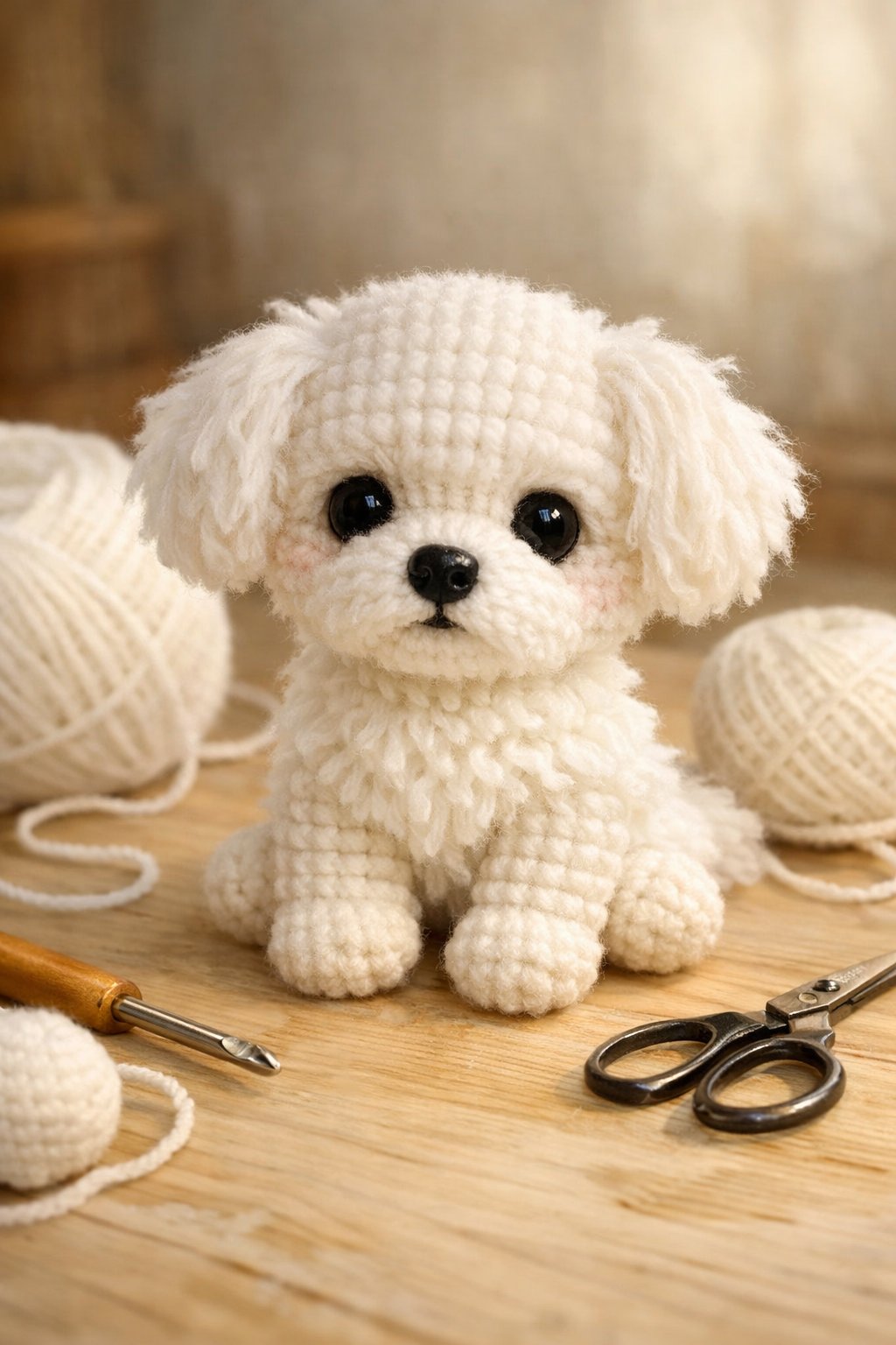 A small crochet Maltese puppy amigurumi sitting on a wooden surface surrounded by crochet tools.
