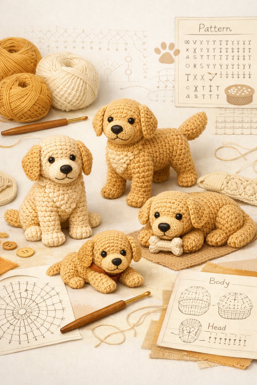 Various crochet golden retriever figures in different poses with yarn balls and crochet hooks arranged around them.