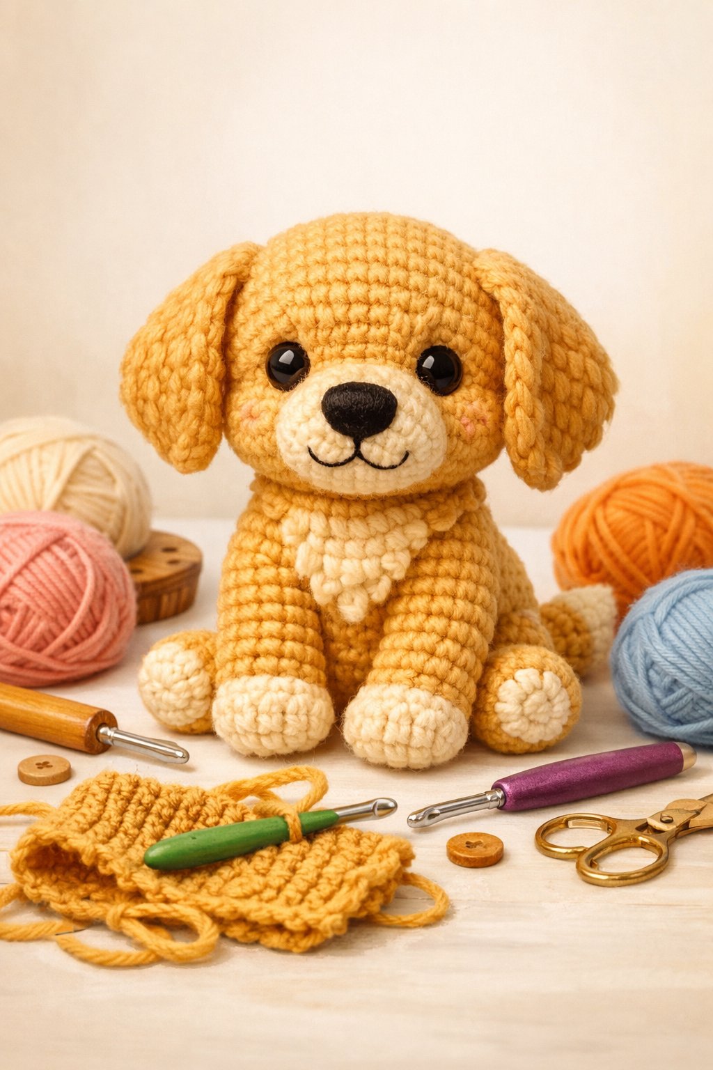 A golden retriever crochet toy sitting with yarn balls and crochet hooks around it.