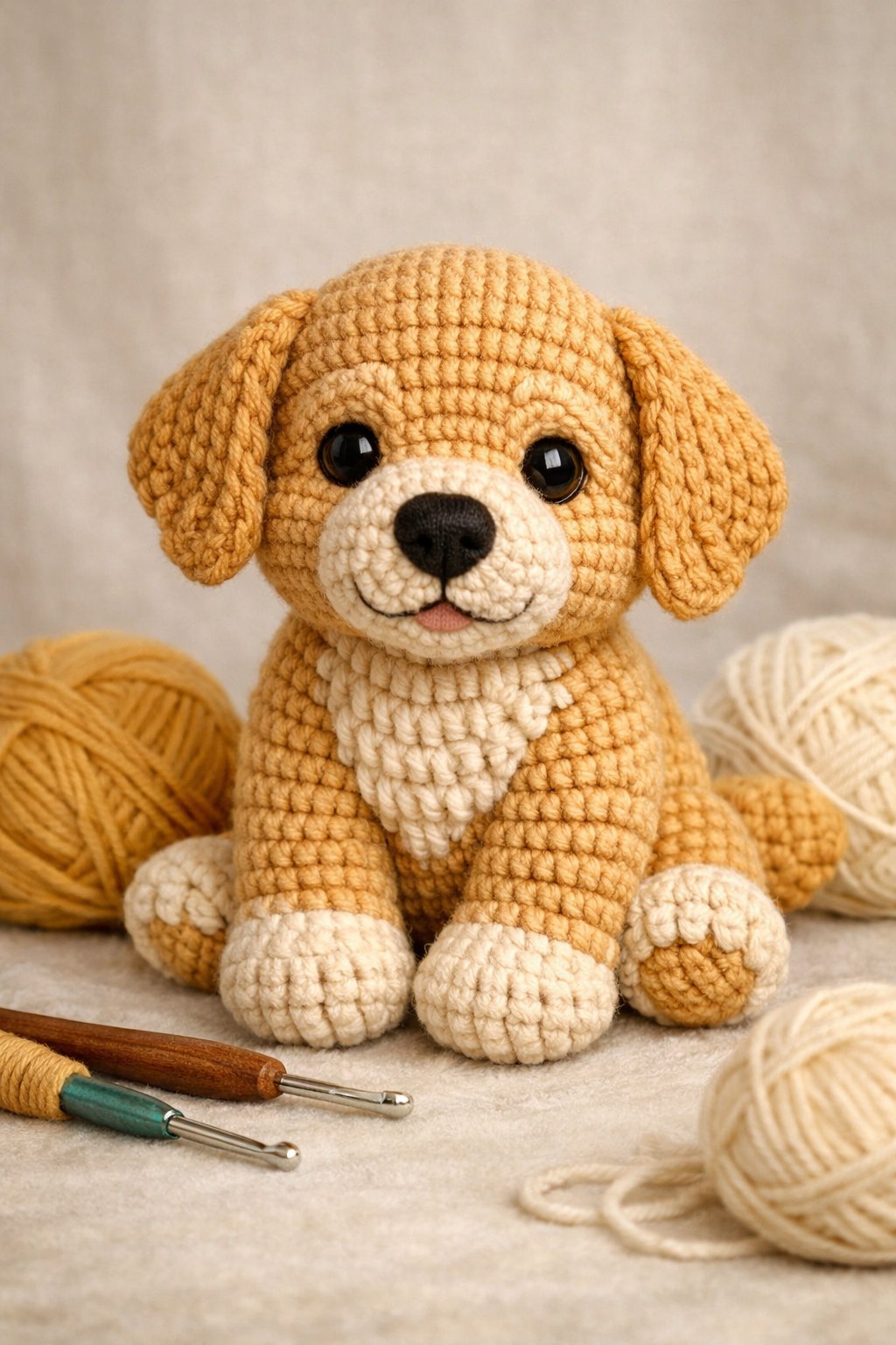 A crocheted Golden Retriever puppy sitting with yarn balls and crochet hooks around it.