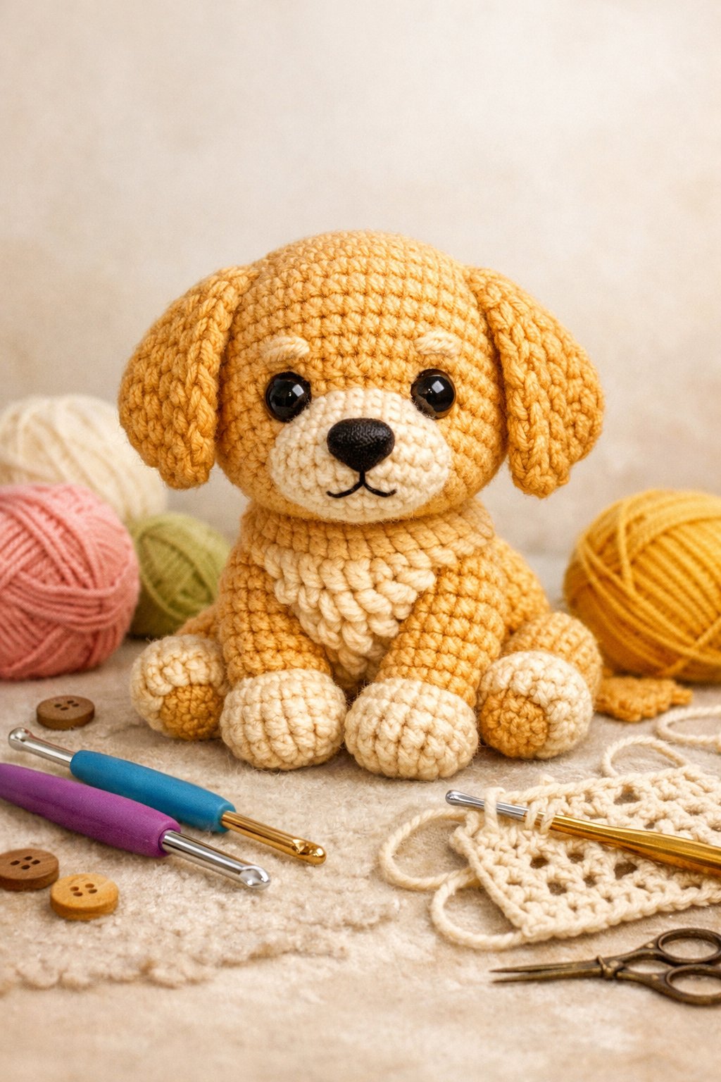 A crocheted golden retriever puppy sitting with yarn balls and crochet hooks around it.
