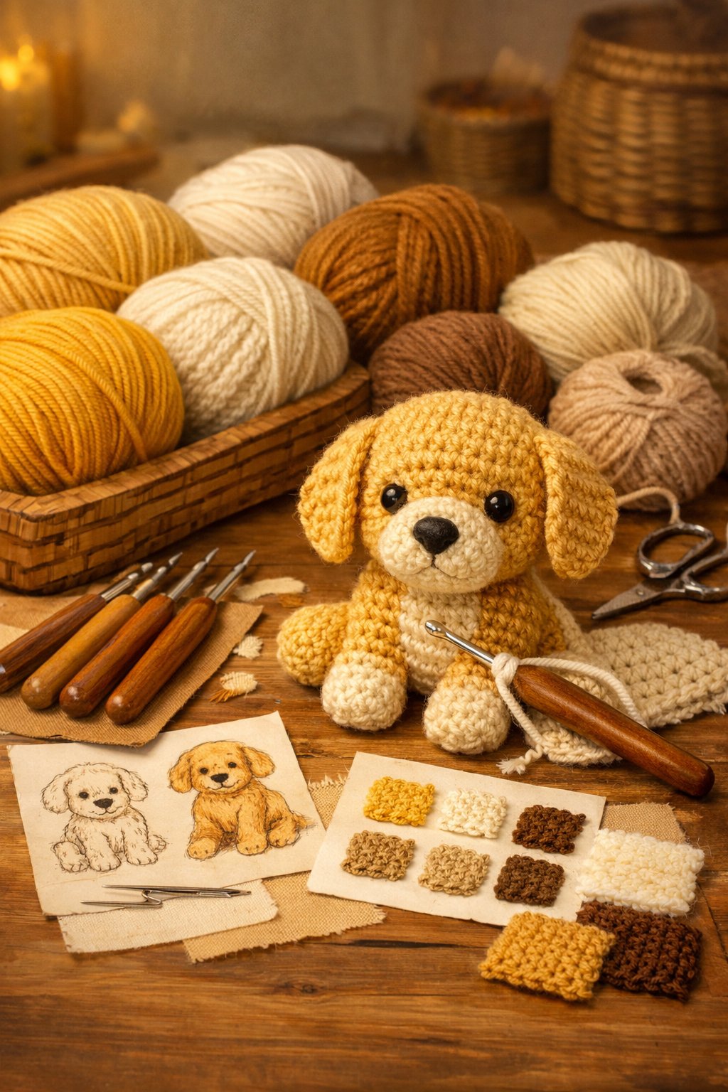 A crafting table with yarn, crochet hooks, and a partially completed golden retriever crochet figure.