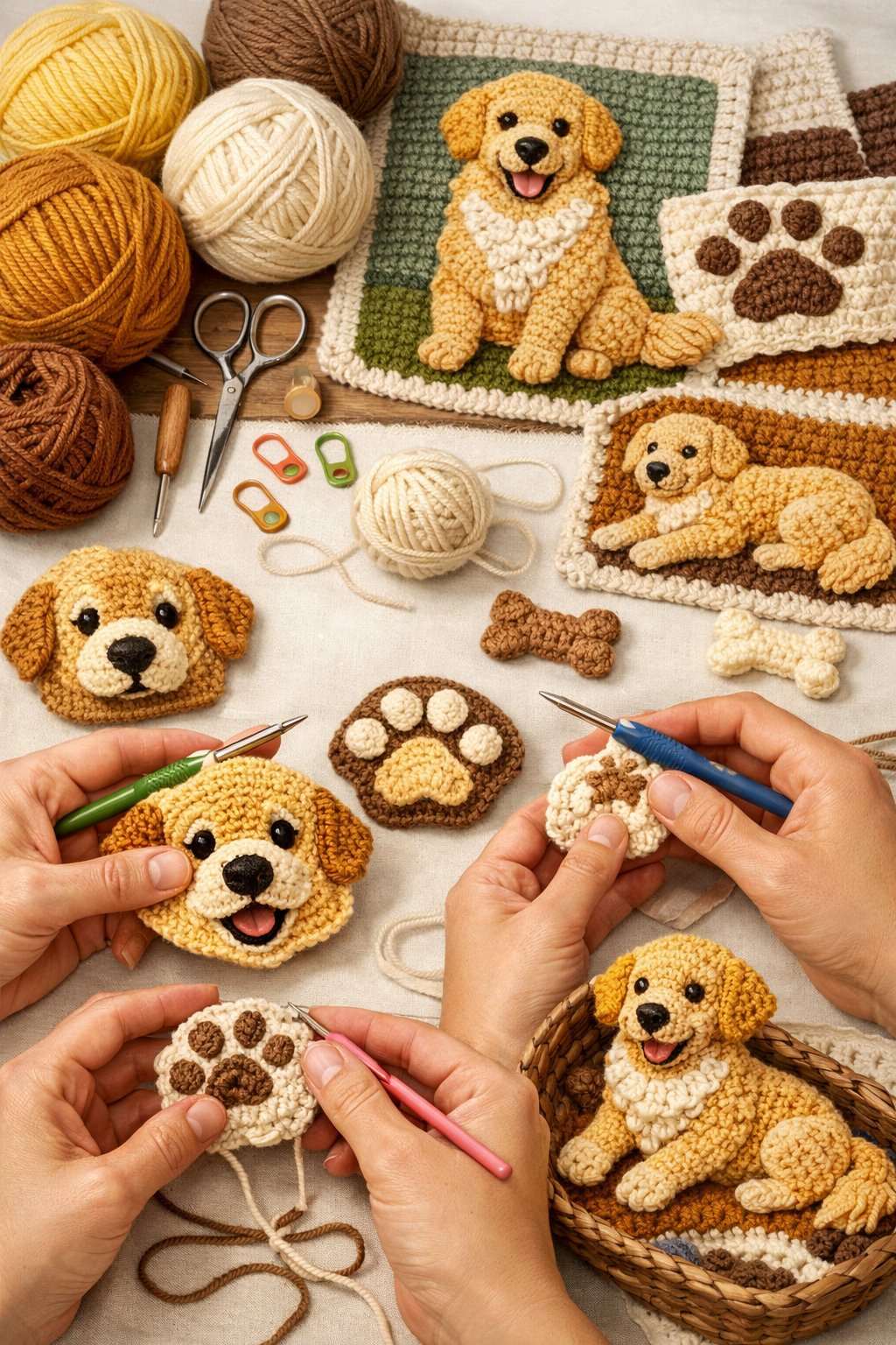 Hands crocheting Golden Retriever shapes with yarn and tools on a clean workspace.