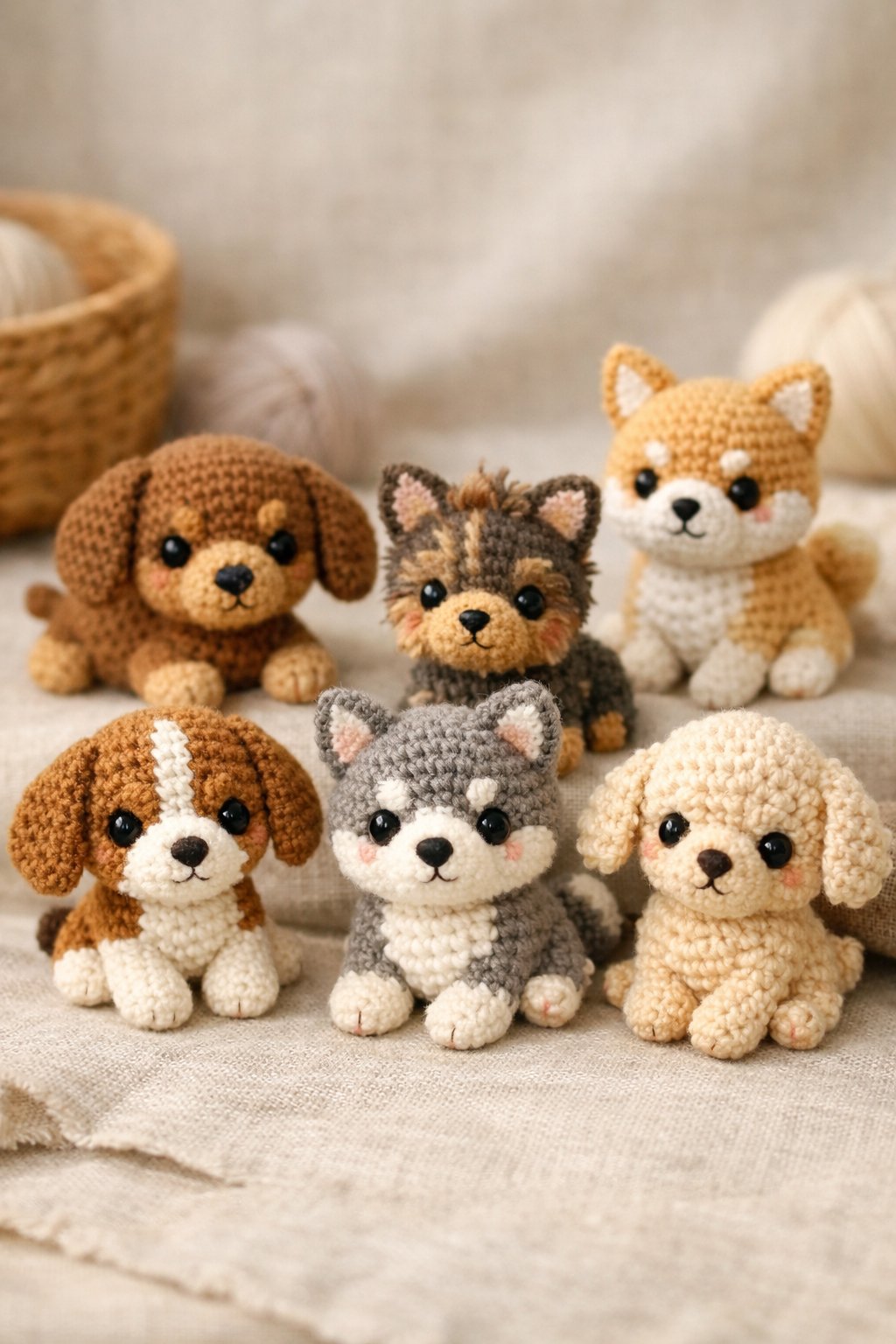 A group of small crochet puppy toys arranged on a soft surface, showing different colors and details.