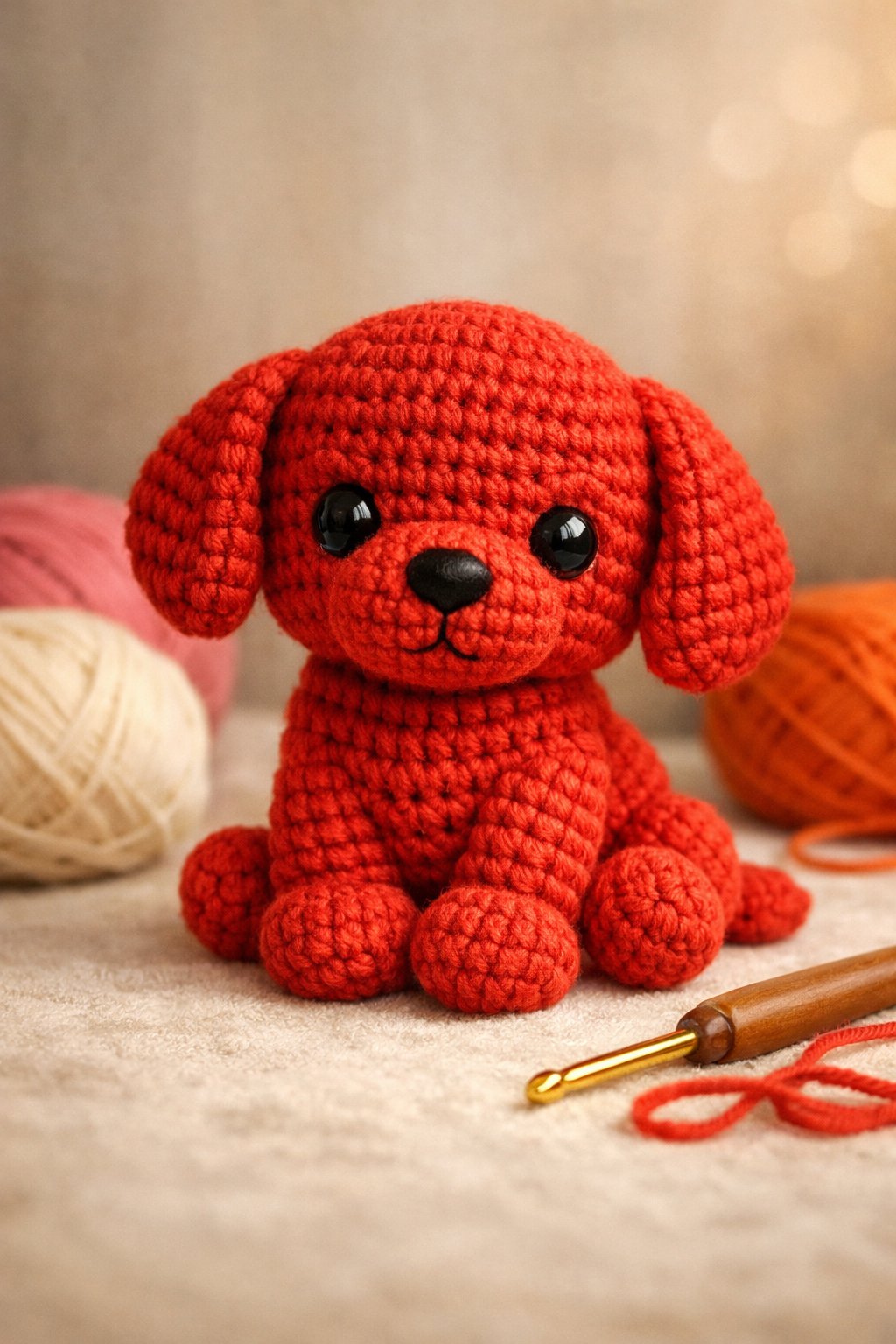 A red crochet puppy sitting on a soft surface with crochet tools nearby.