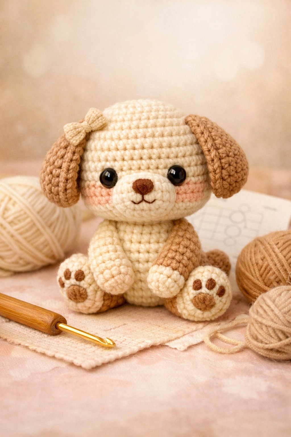 A small crocheted puppy sitting among yarn balls and a crochet hook on a soft surface.