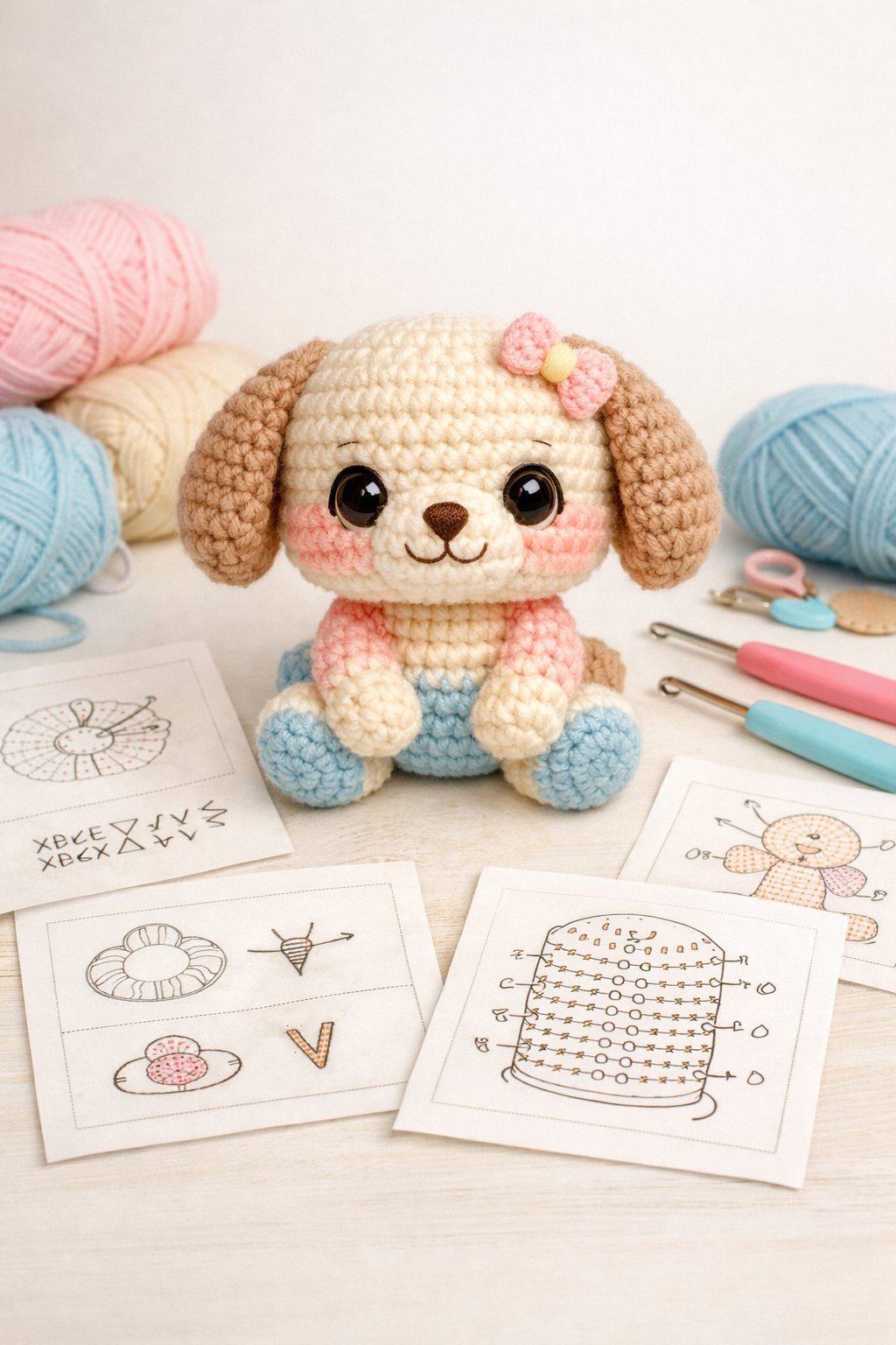 A small crocheted puppy surrounded by yarn, crochet hooks, and illustrated pattern sheets showing steps to make the puppy.