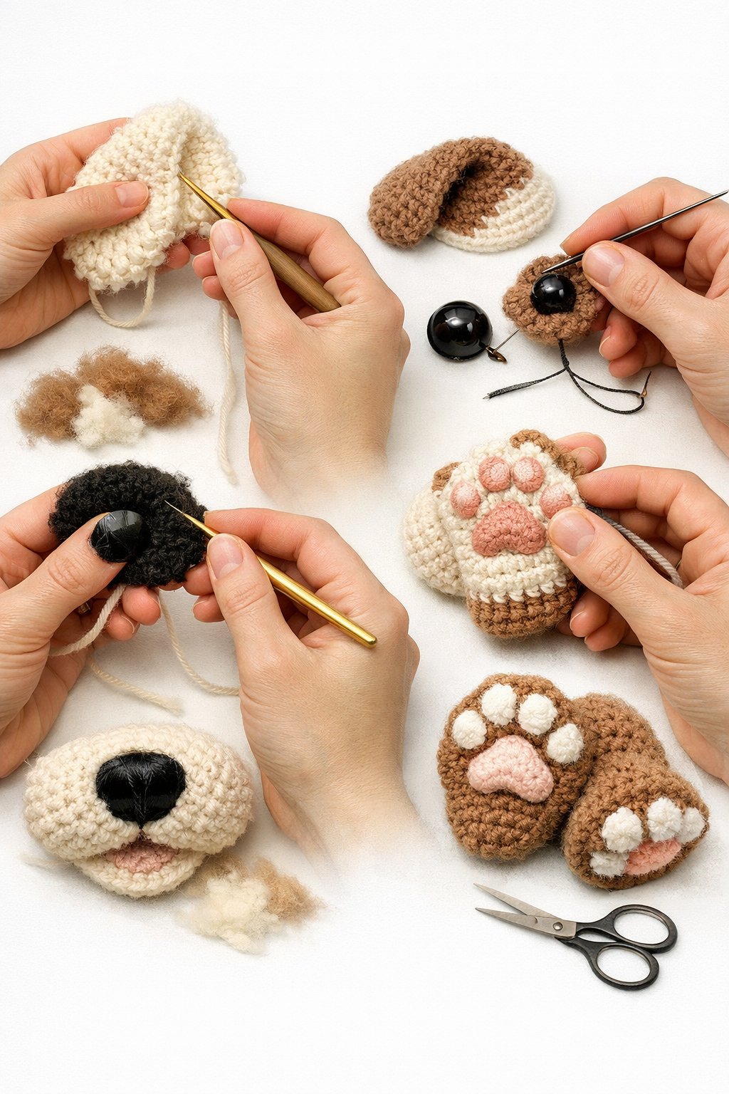 Hands crocheting realistic puppy features with soft yarn, surrounded by small finished crochet puppy parts.