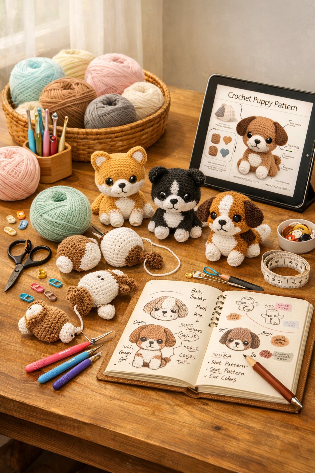 A crafting workspace with crochet tools, yarn, sketches, and small crochet puppy figures in progress on a wooden table.
