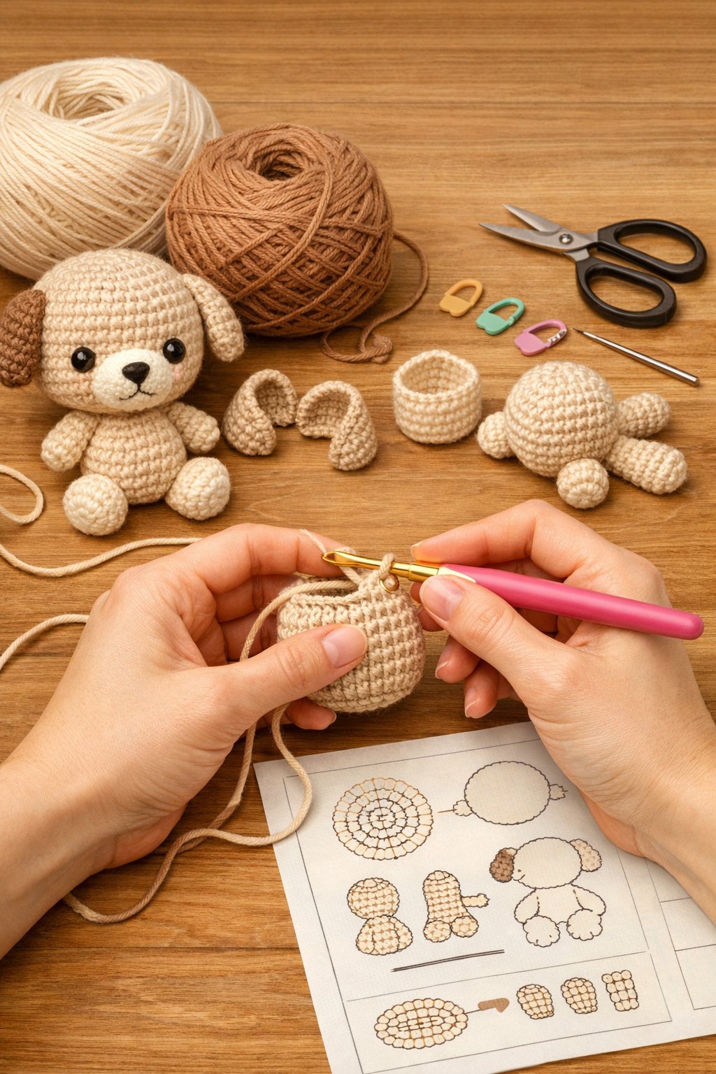 Hands crocheting a small puppy figure with yarn and crochet tools on a wooden table.