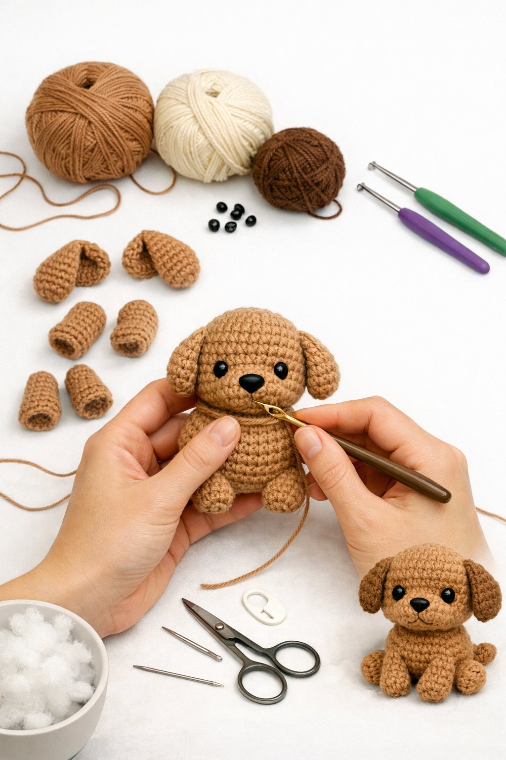 Hands crocheting a small puppy with yarn and crochet tools around.