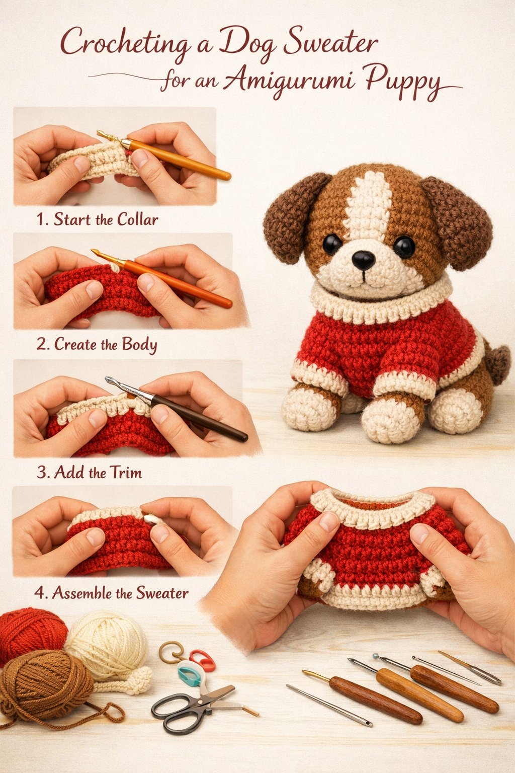 Hands crocheting a small dog sweater on an amigurumi puppy surrounded by yarn and crochet tools.