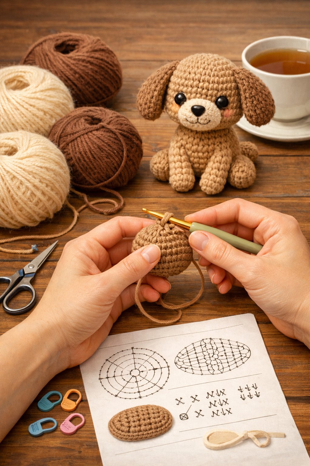 Hands crocheting a small dog figure with yarn and crochet tools on a wooden table, with a finished crocheted dog nearby.